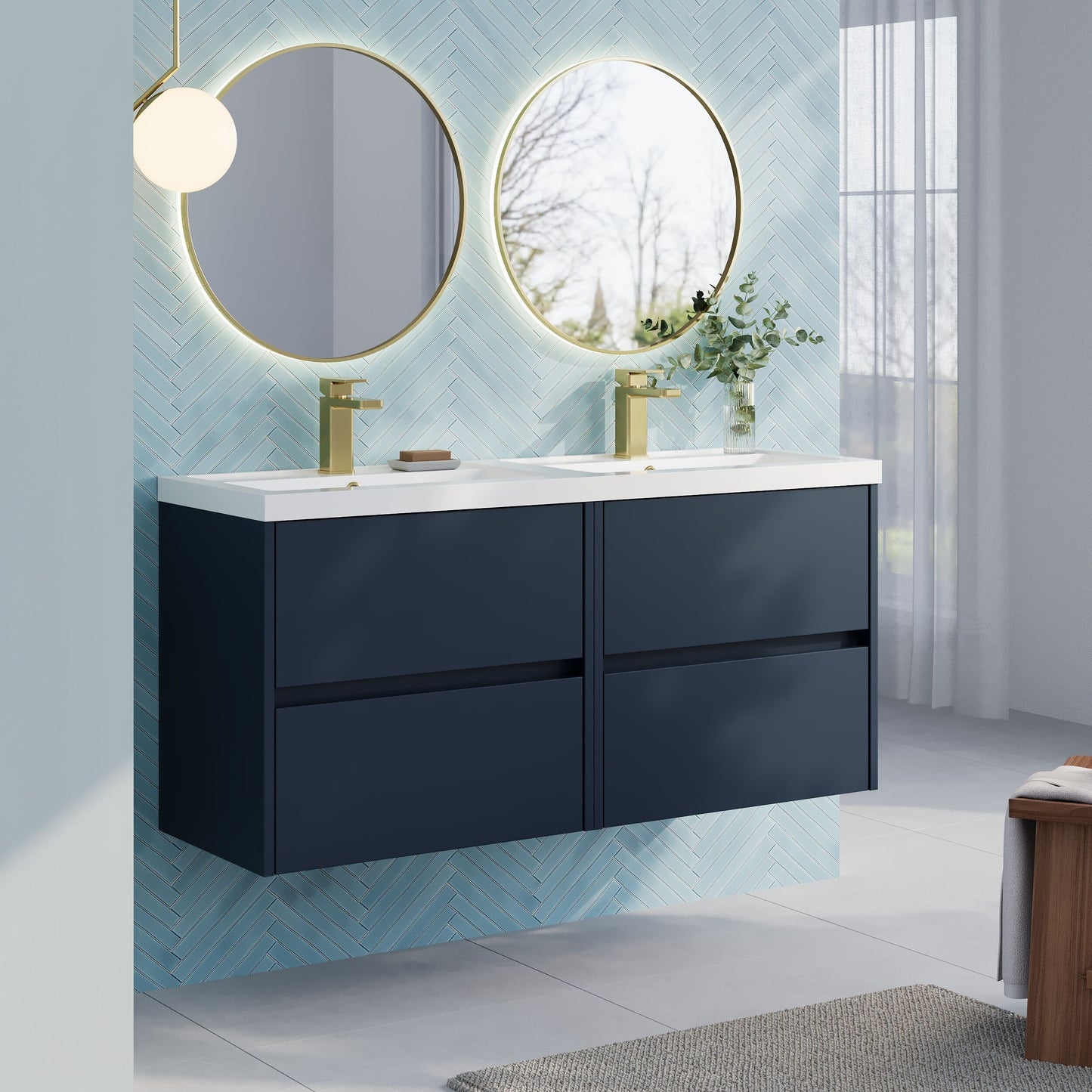 Nuie Havana 1200mm Midnight Blue Wall Hung 4-Drawer Vanity Unit with Double Basin