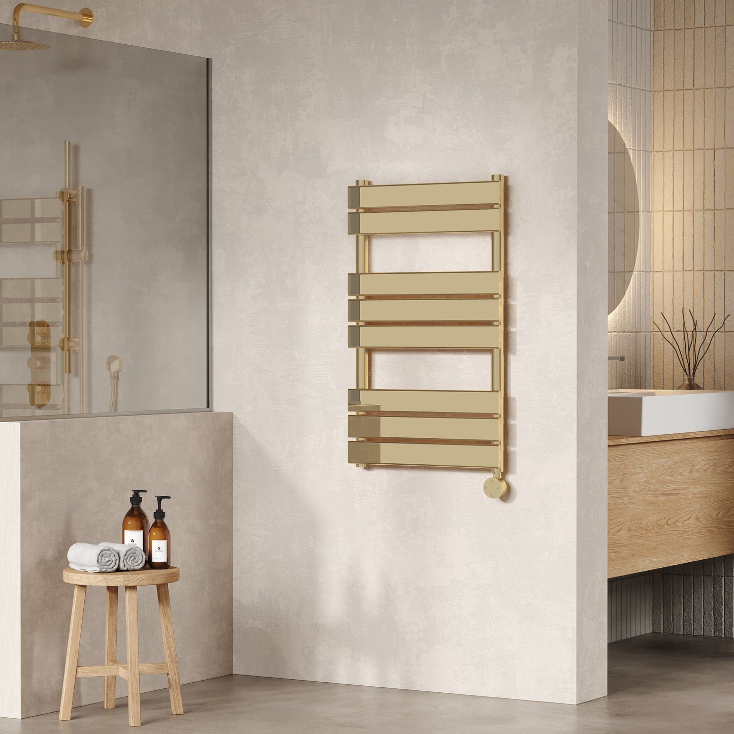 Hudson Reed 840mm x 500mm 8 Bar Brushed Brass Vertical Square Electric Flat Towel Rail
