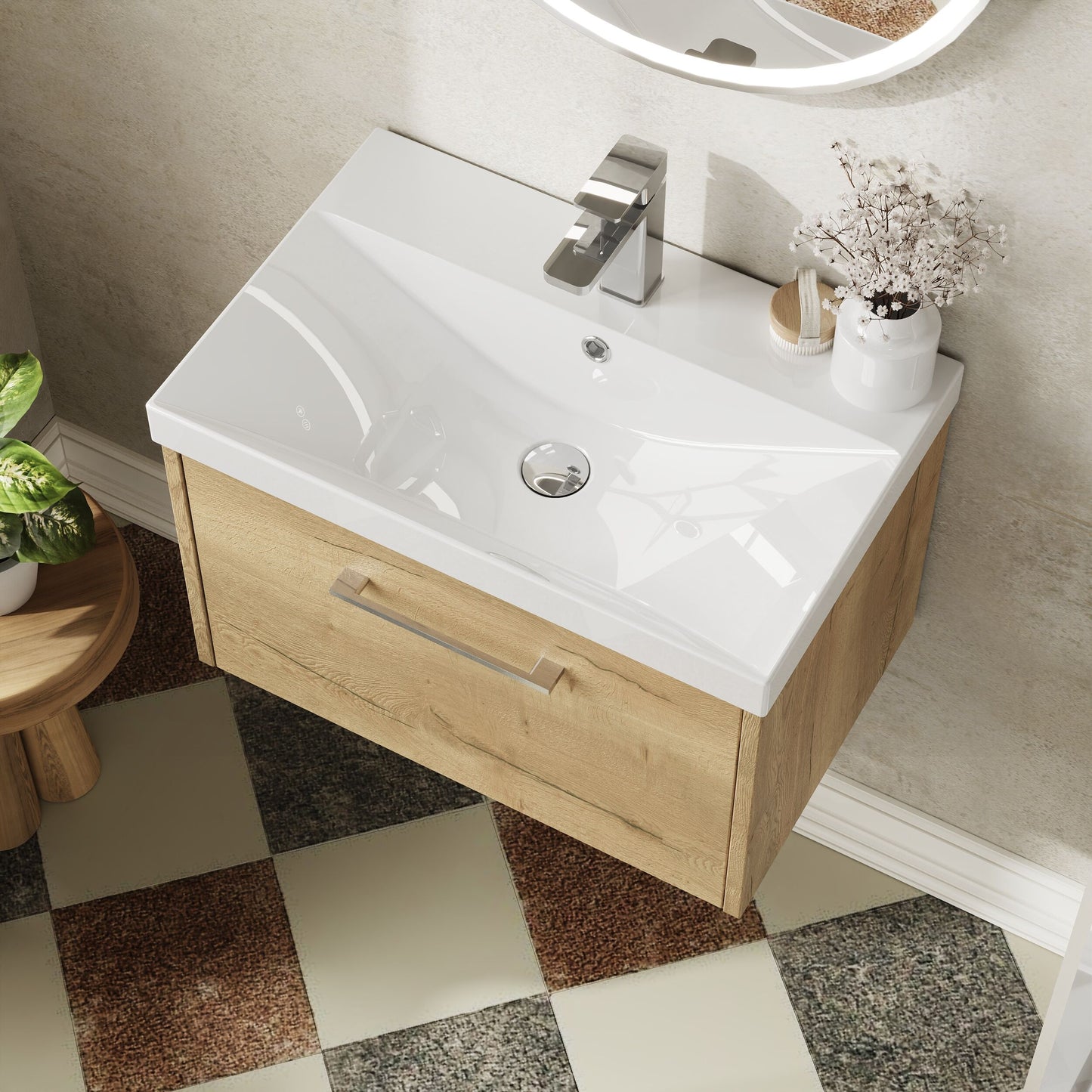 Hudson Reed Juno 600mm Autumn Oak Wall Hung Single Drawer Vanity Unit With Thin-Edge 1 Tap Hole Basin