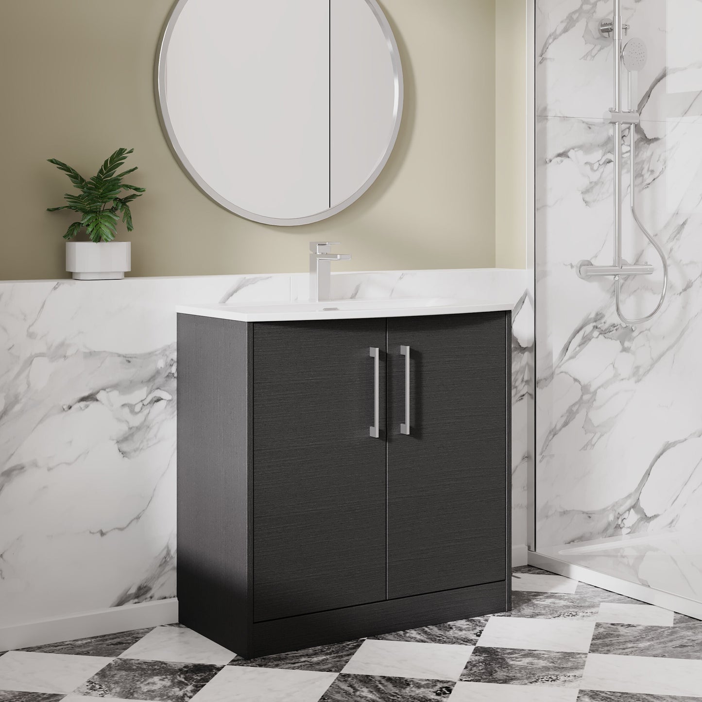 Hudson Reed Juno 800mm Graphite Grey Woodgrain Floor Standing 2-Door Vanity Unit Including Basin