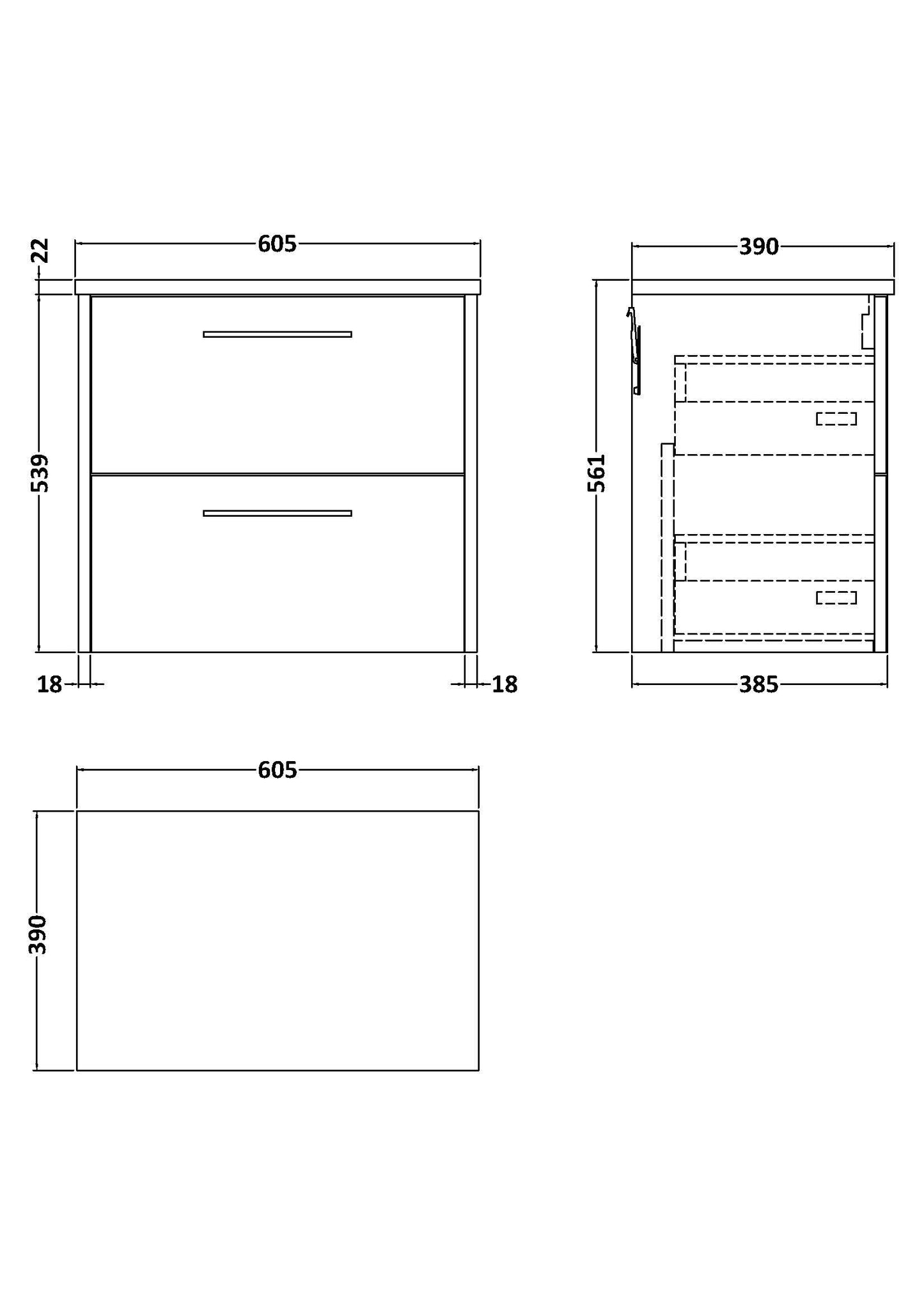 Hudson Reed Juno 600mm Wall Hung 2-Drawer Vanity Unit With Laminate Worktop & Soft Close Drawers