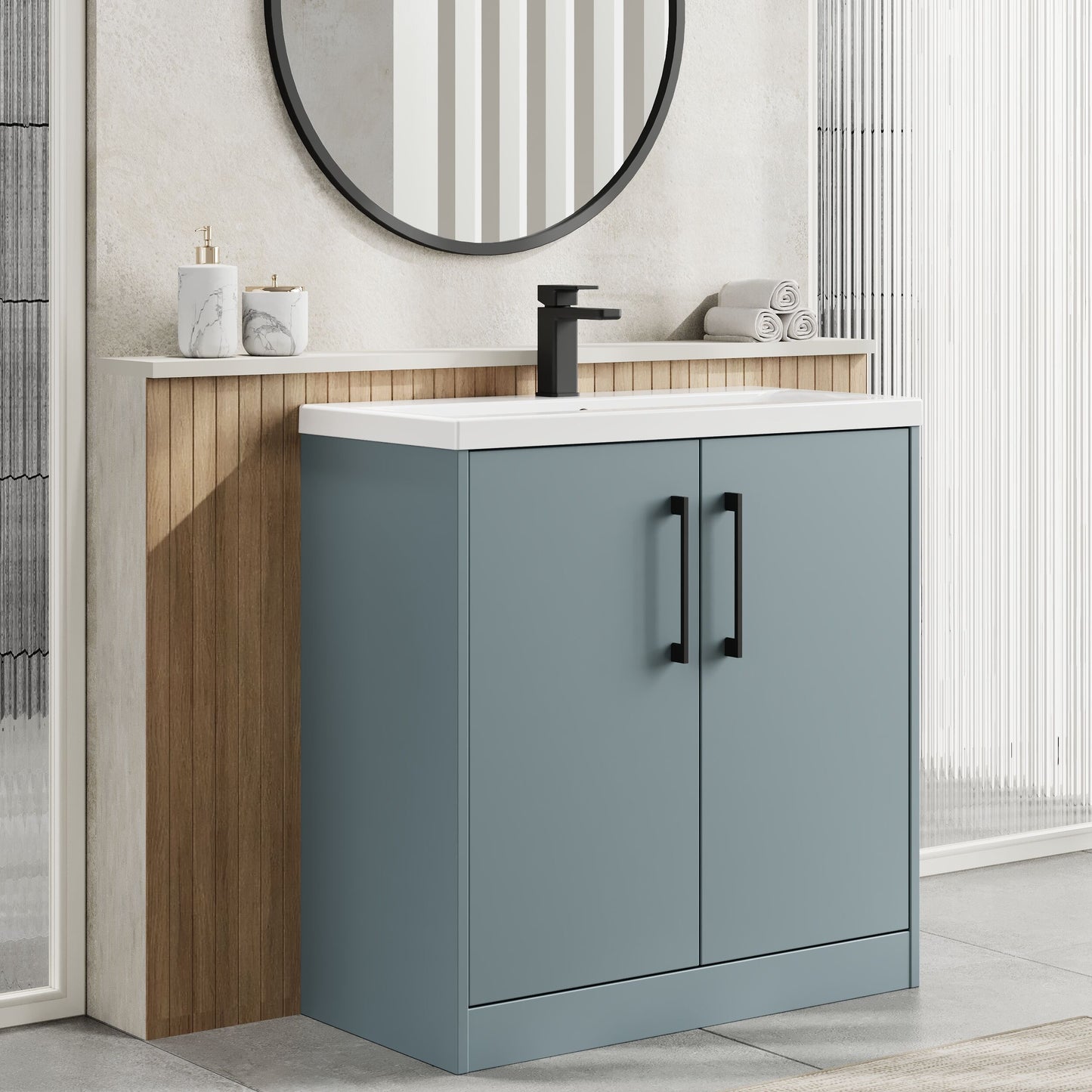 Hudson Reed Juno 800mm Coastal Grey Floor Standing 2-Door Vanity Unit & 1 Tap Hole Basin