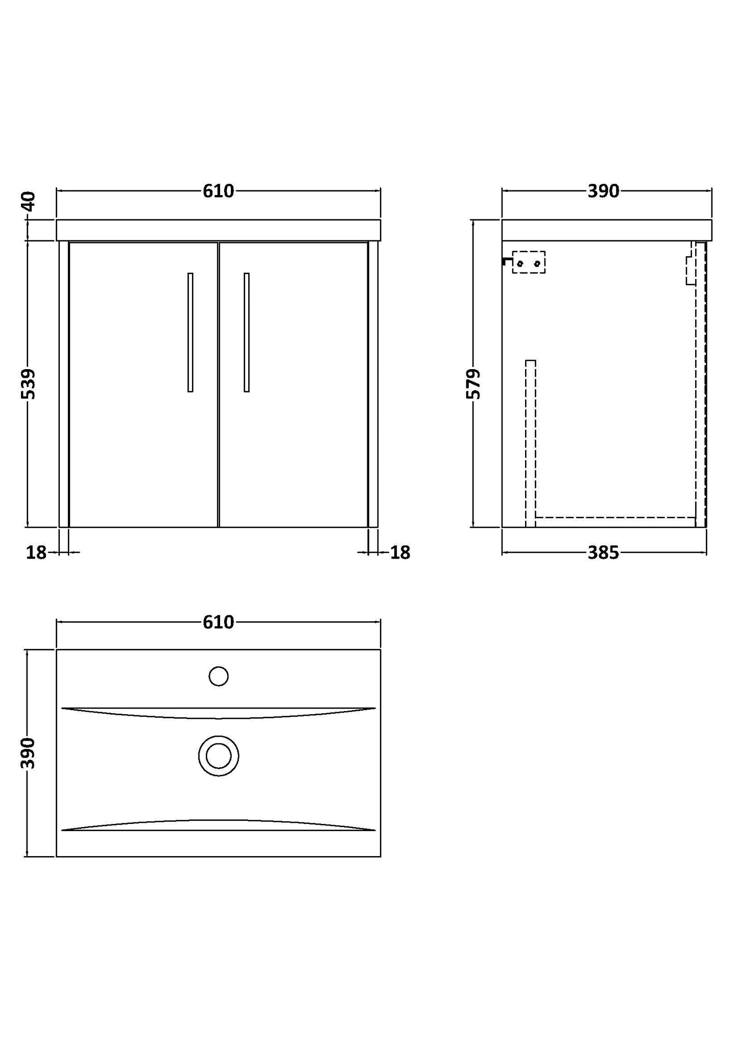 Hudson Reed Juno 600mm Wall Hung 2 Door Vanity Unit Including Basin