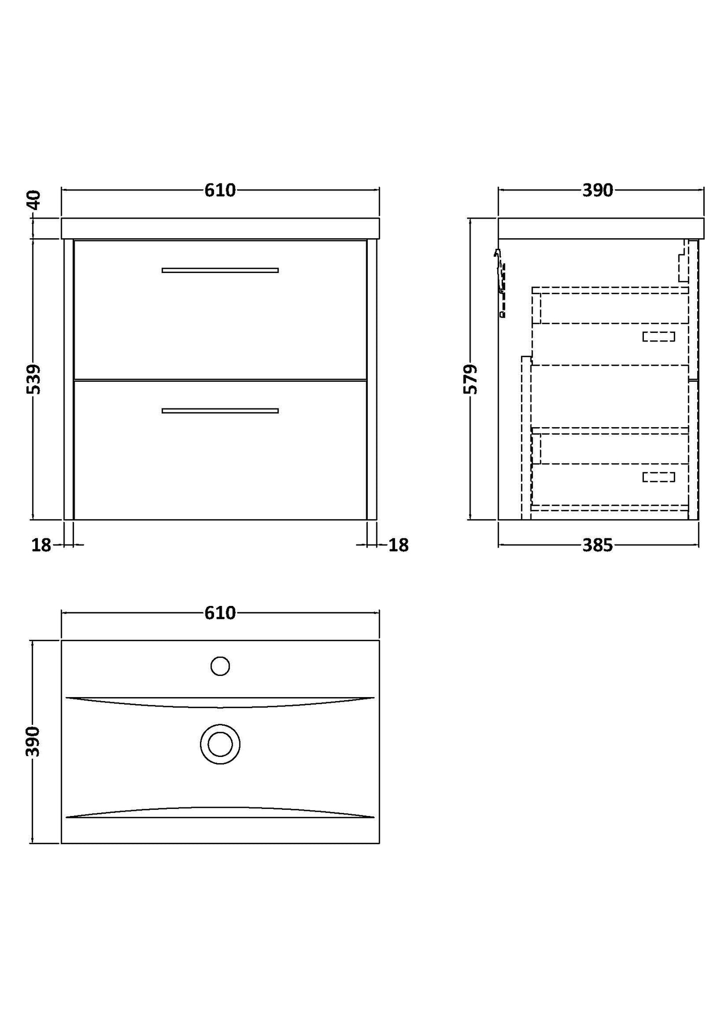 Hudson Reed Juno 610mm Wall Hung 2 Drawer Vanity Unit with Ceramic Basin