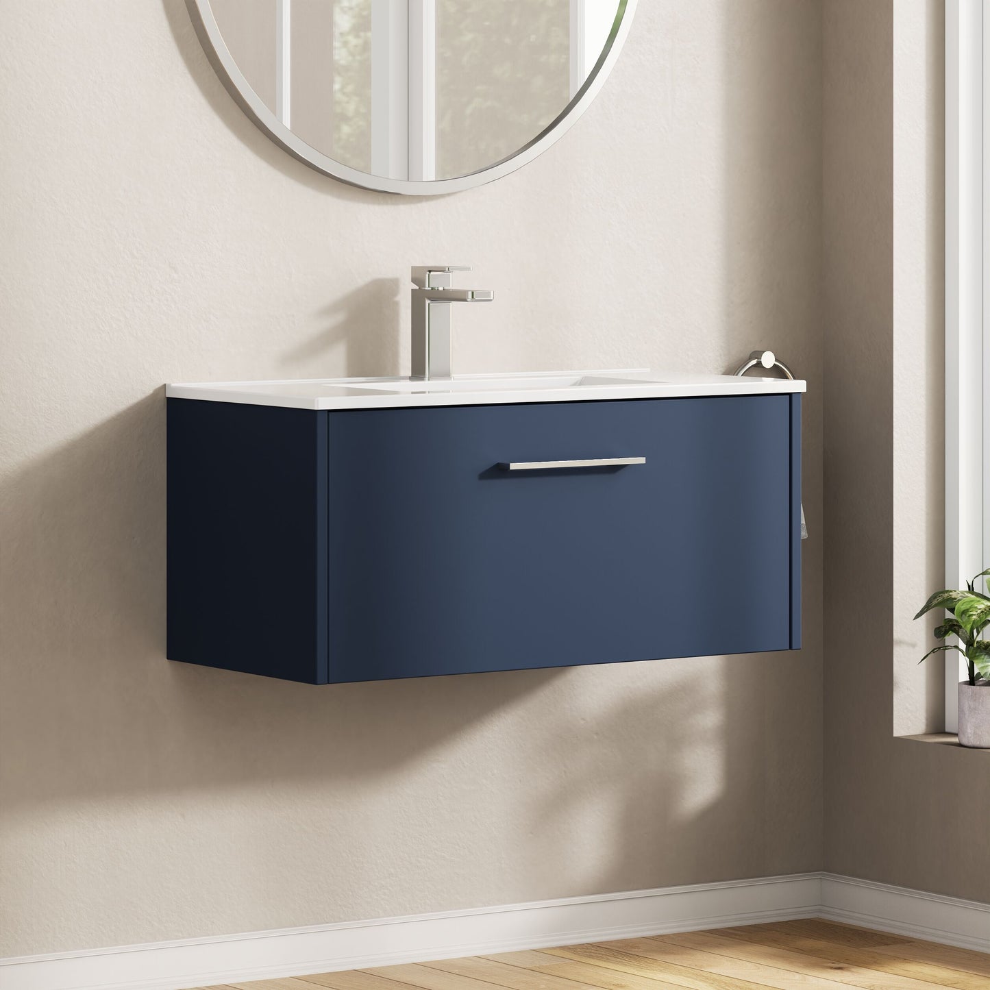 Hudson Reed Juno 800mm Midnight Blue Wall Hung Single Drawer Vanity Unit with Basin and Soft Close Drawer