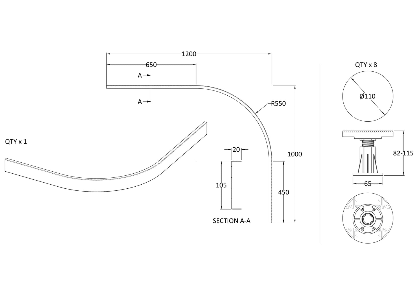Nuie Pearlstone 1000mm Offset Grey Slate Leg Set With Plinth, Clips & Screws