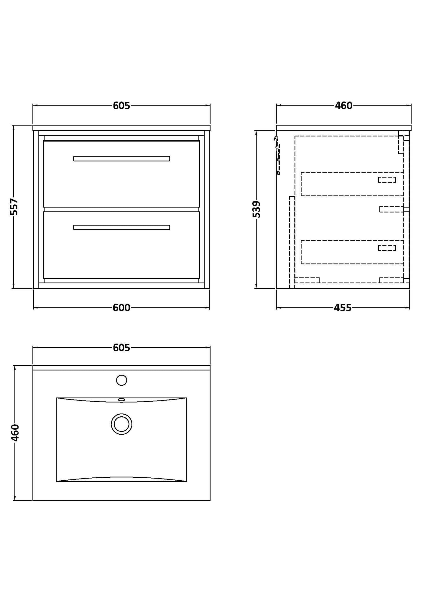 Hudson Reed Lille 600mm Graphite Grey Wall Hung 2-Drawer Vanity Unit With Basin