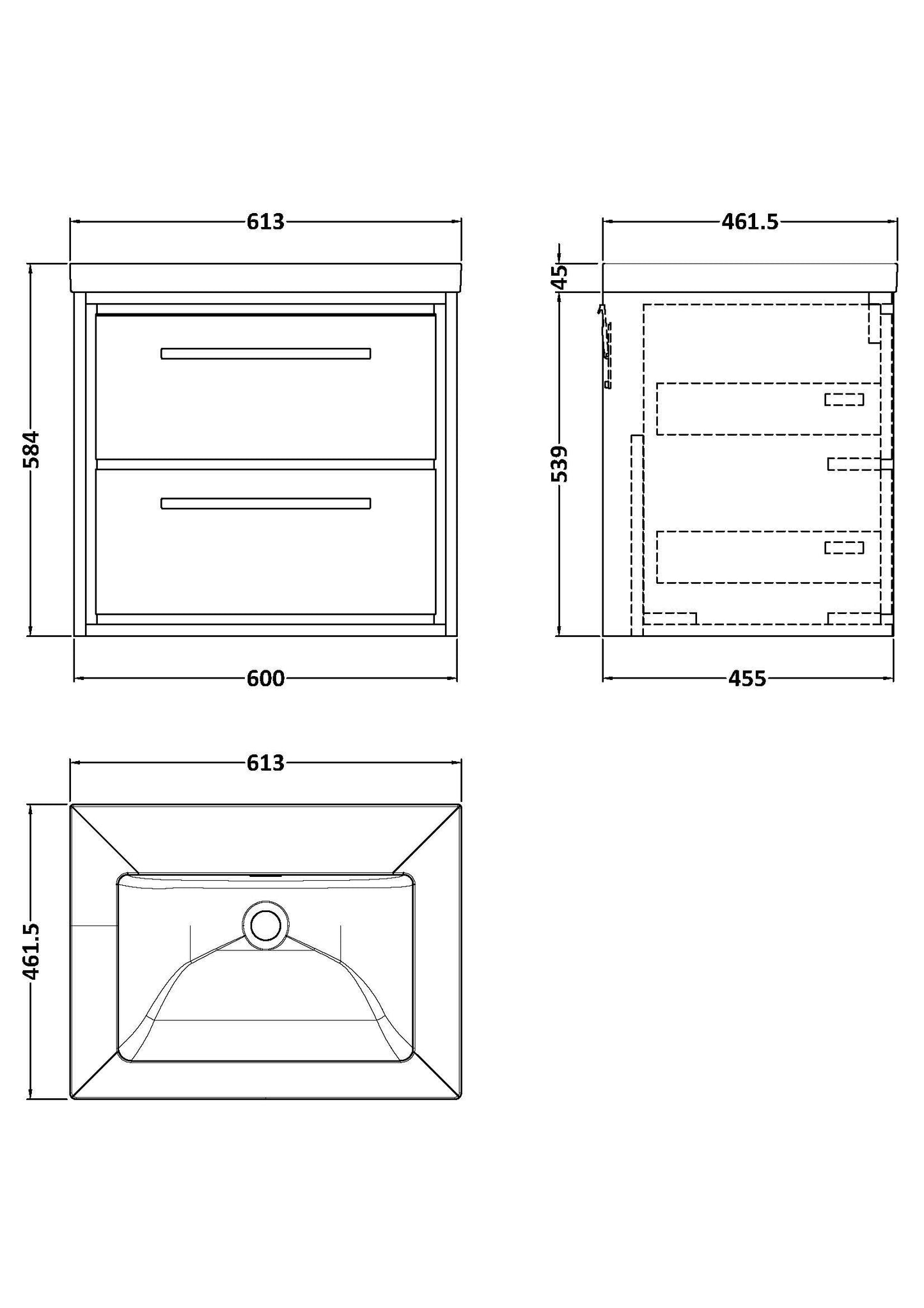 Lille 600mm Wall Hung 2-Drawer Vanity with Basin - 0 Tap Hole