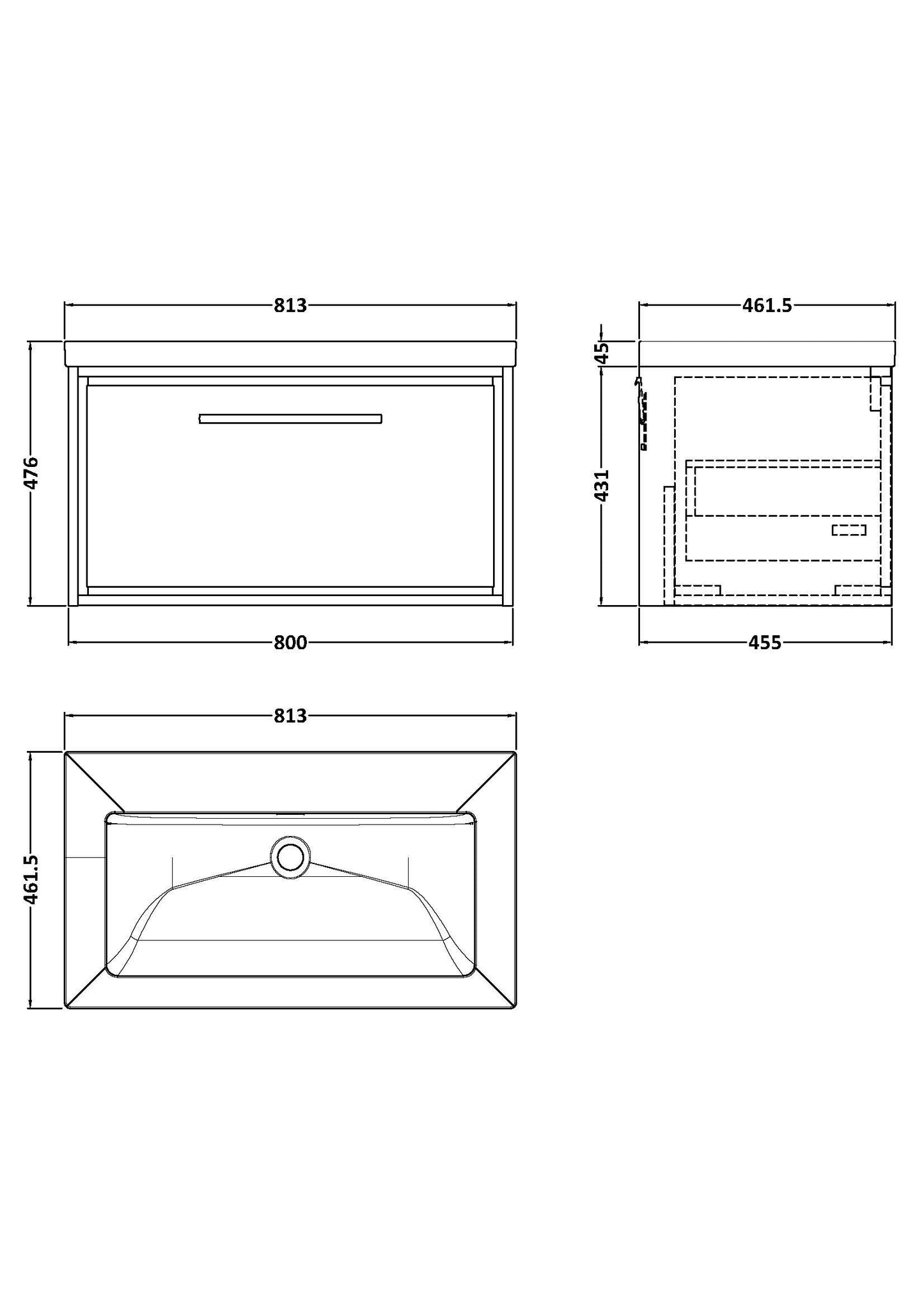 Lille 800mm Wall Hung Single Drawer Vanity with Basin - 0 Tap Hole
