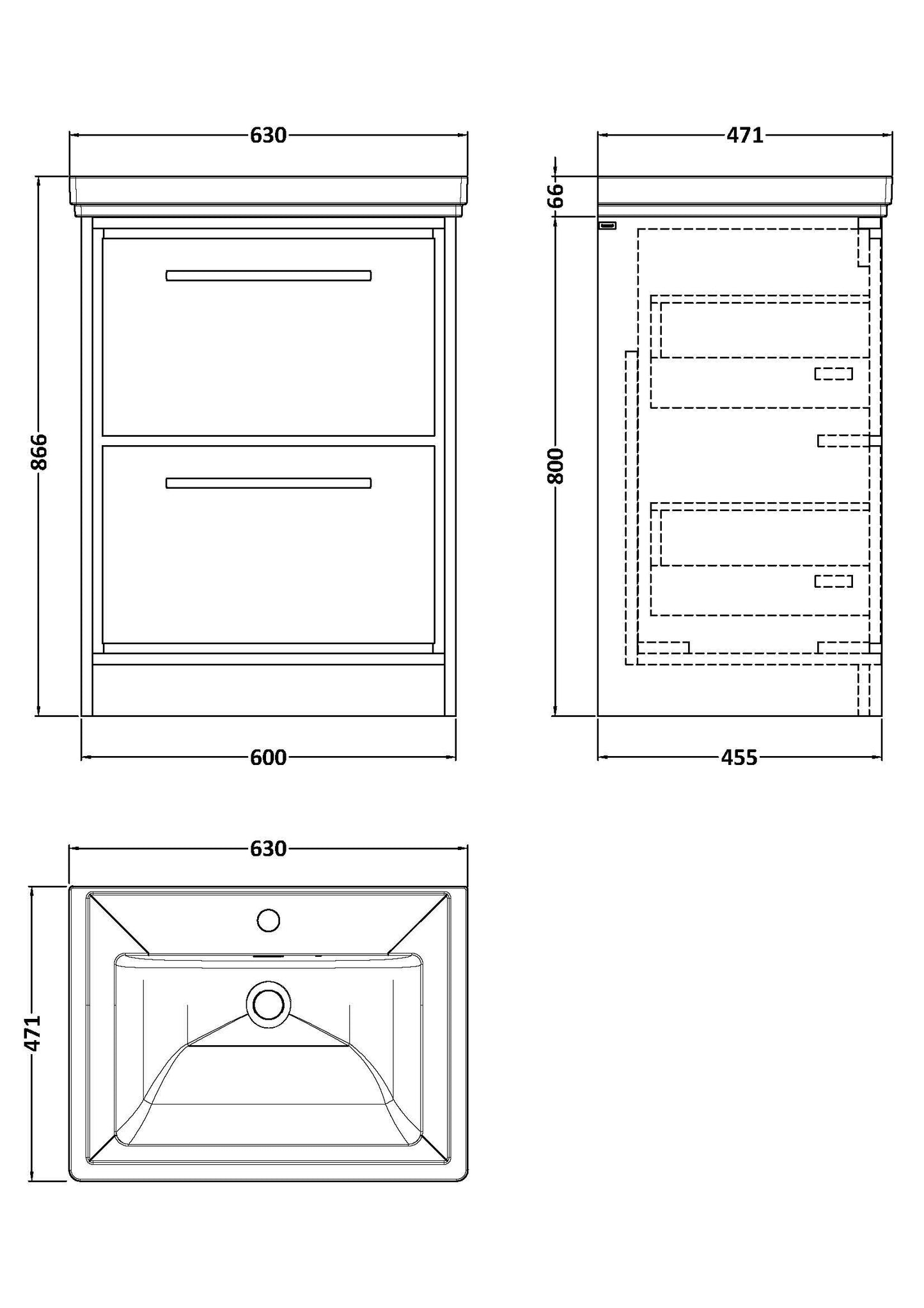 Lille 600mm Floor Standing 2-Drawer Vanity with Basin - 1 Tap Hole
