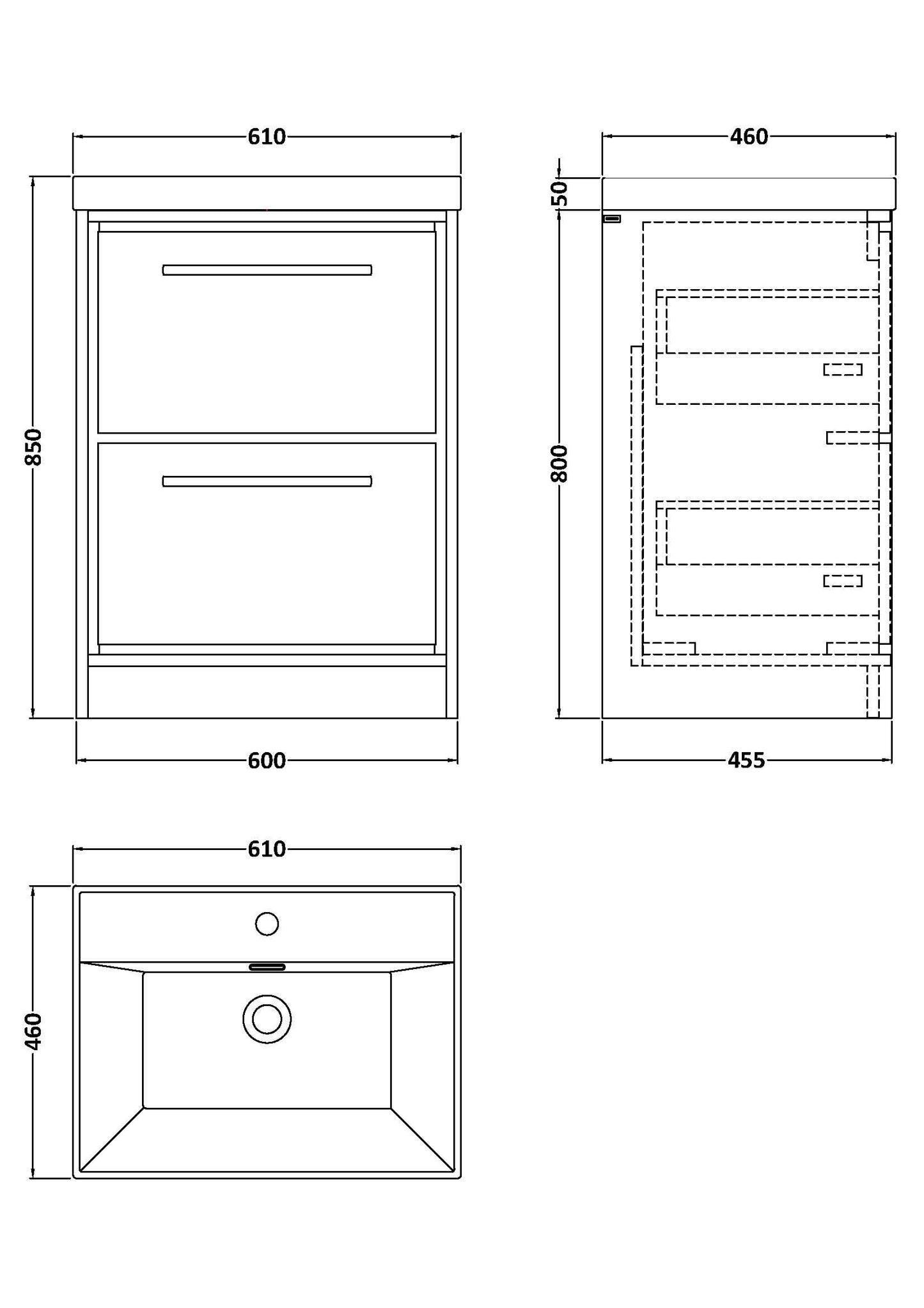 Lille 600mm Floor Standing 2-Drawer Vanity with Basin - 1 Tap Hole