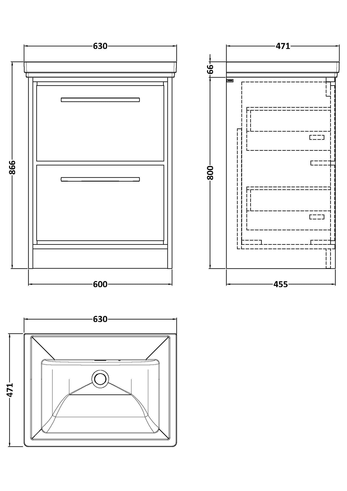 Lille 600mm Floor Standing 2-Drawer Vanity with Basin - 0 Tap Hole