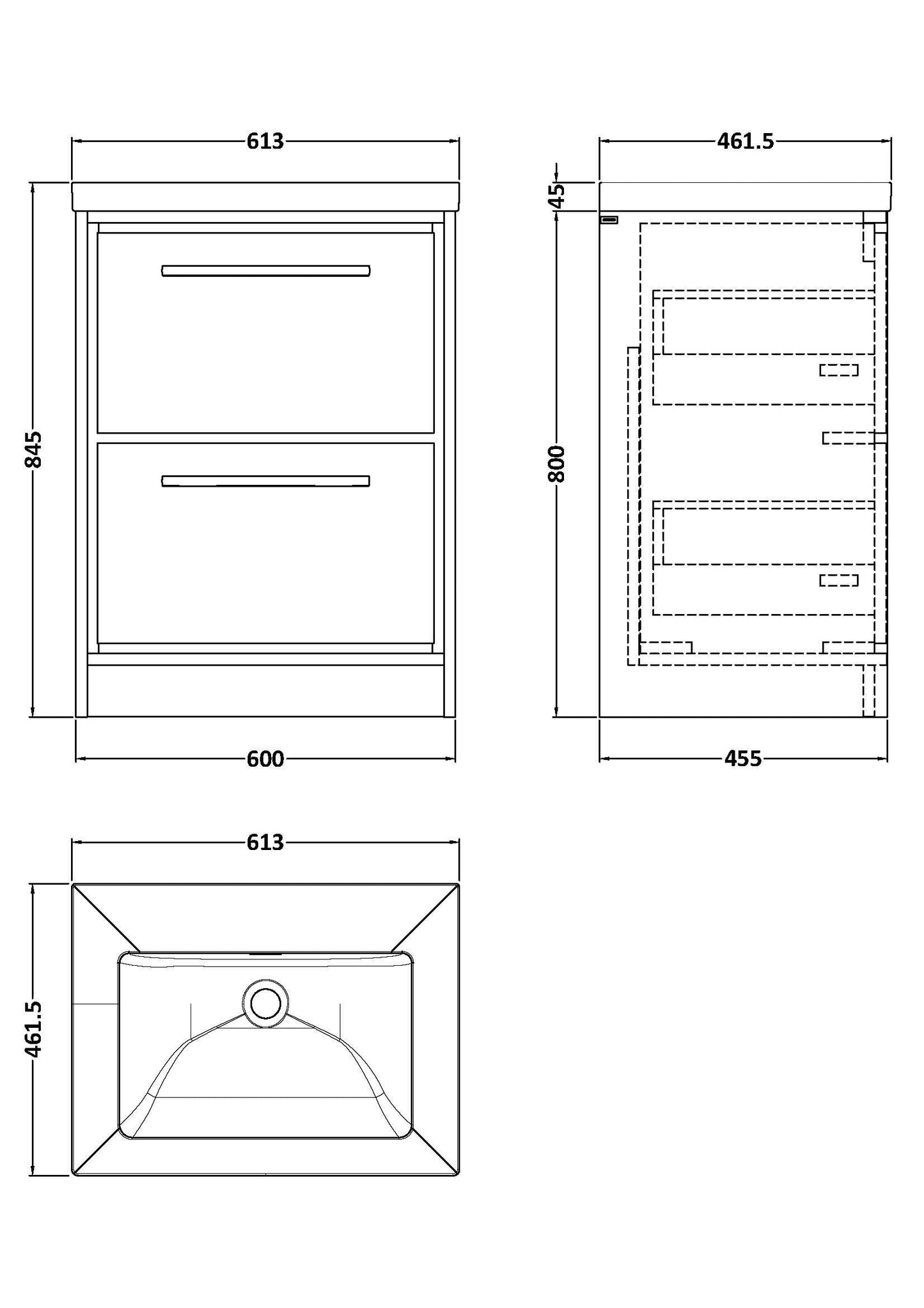 Lille 600mm Floor Standing 2-Drawer Vanity with Basin - 0 Tap Hole