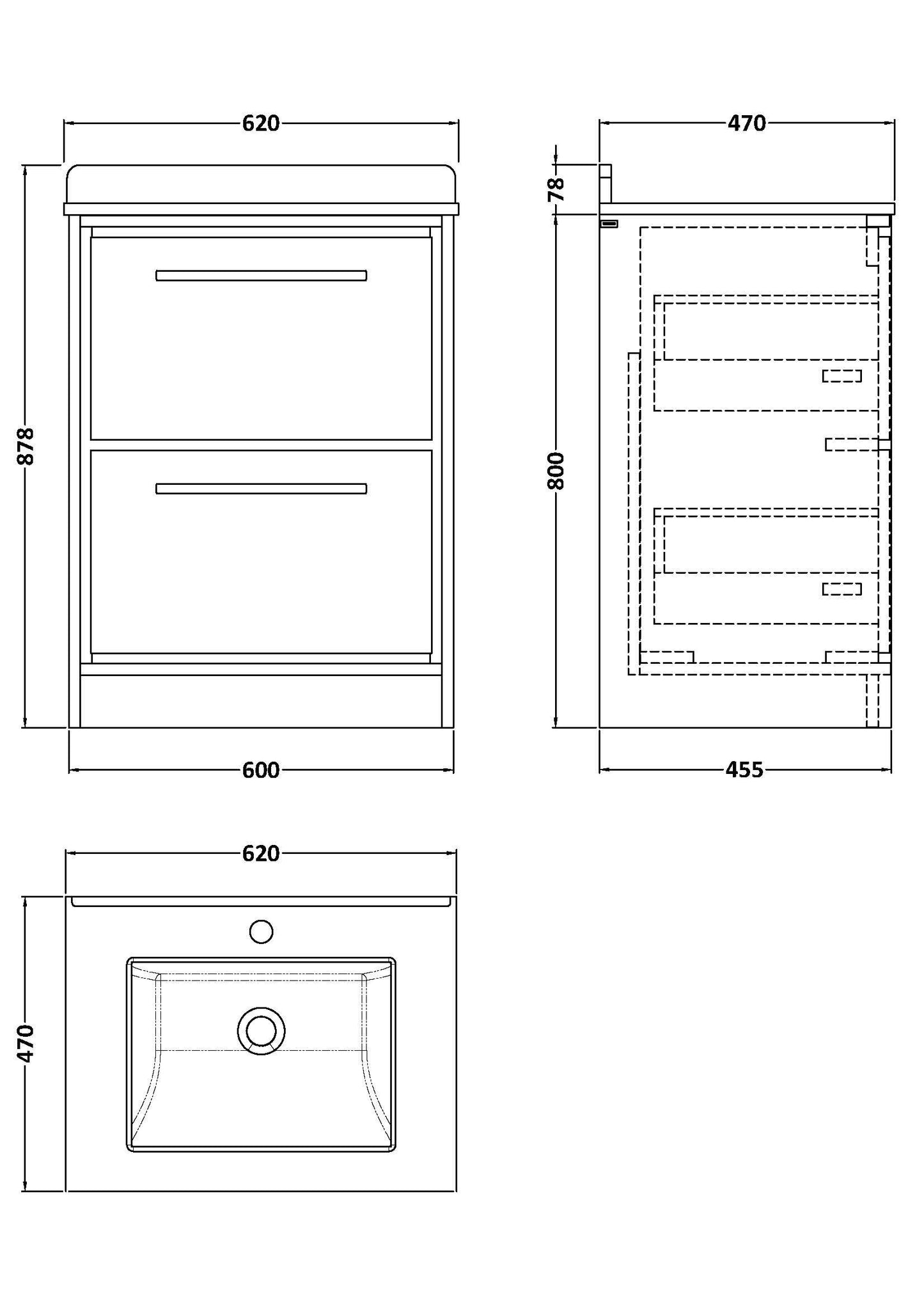 Lille 600mm Floor Standing 2-Drawer Vanity with Marble Worktop Basin