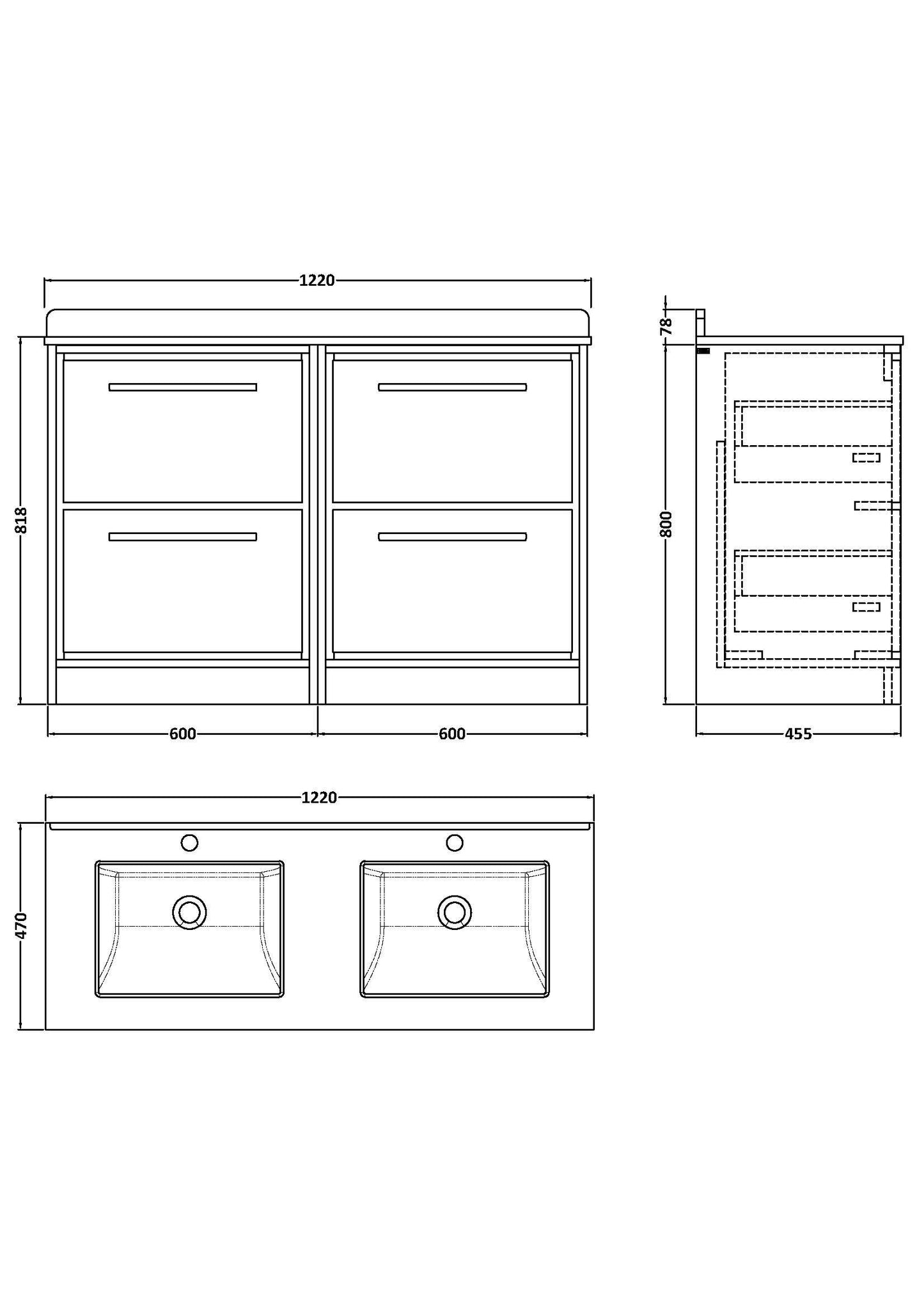 Lille 1200mm Floor Standing 4-Drawer Vanity with Marble Worktop Basin
