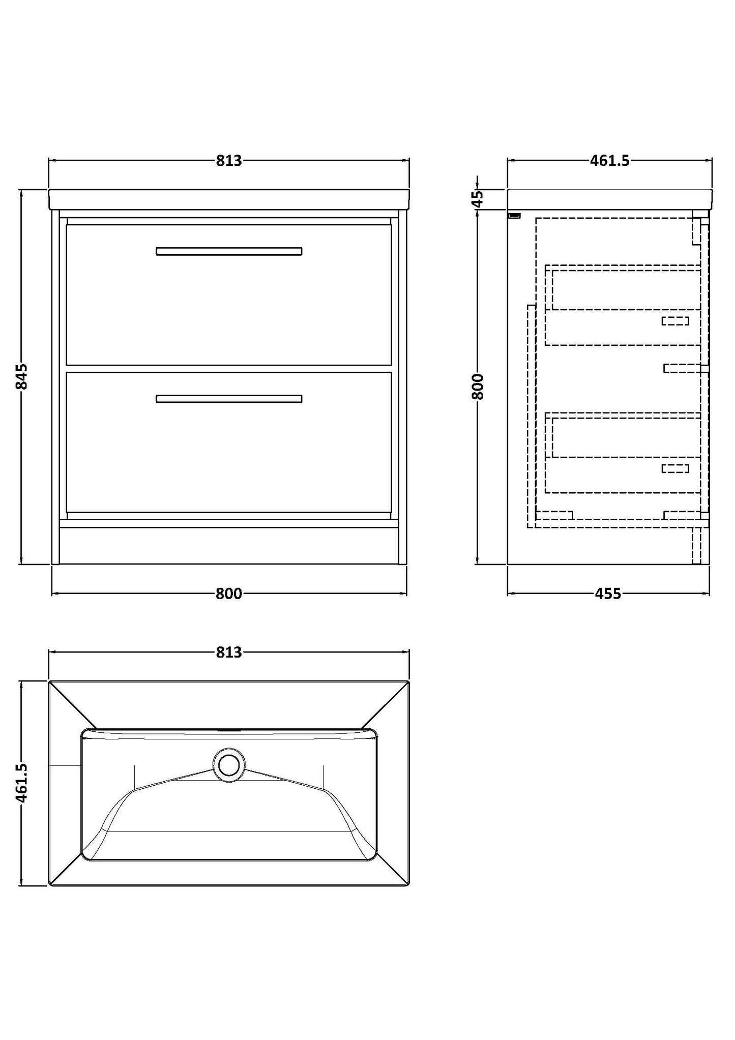 Lille 800mm Floor Standing 2-Drawer Vanity with Basin - 0 Tap Hole