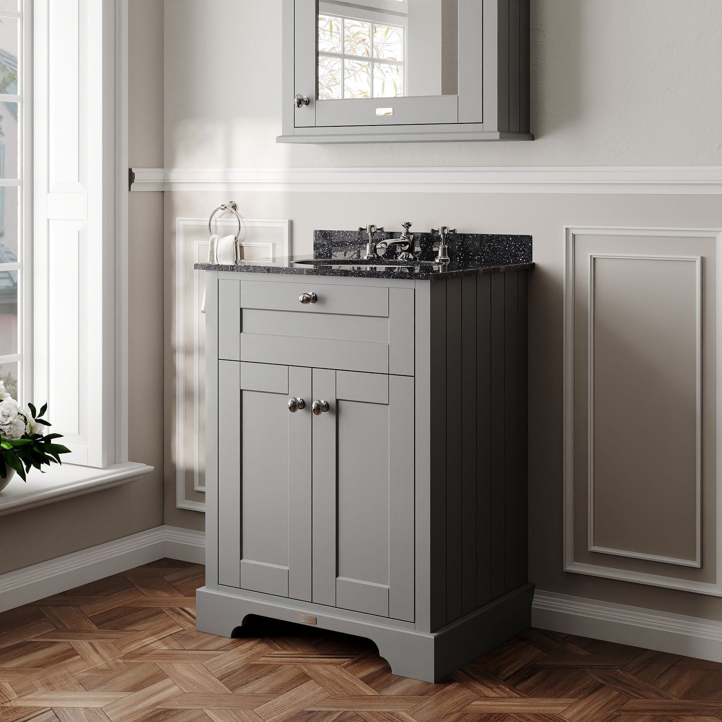 Hudson Reed Old London 600mm Storm Grey Floor Standing 2 Door Vanity Unit with 3 Tap Hole Black Marble Top