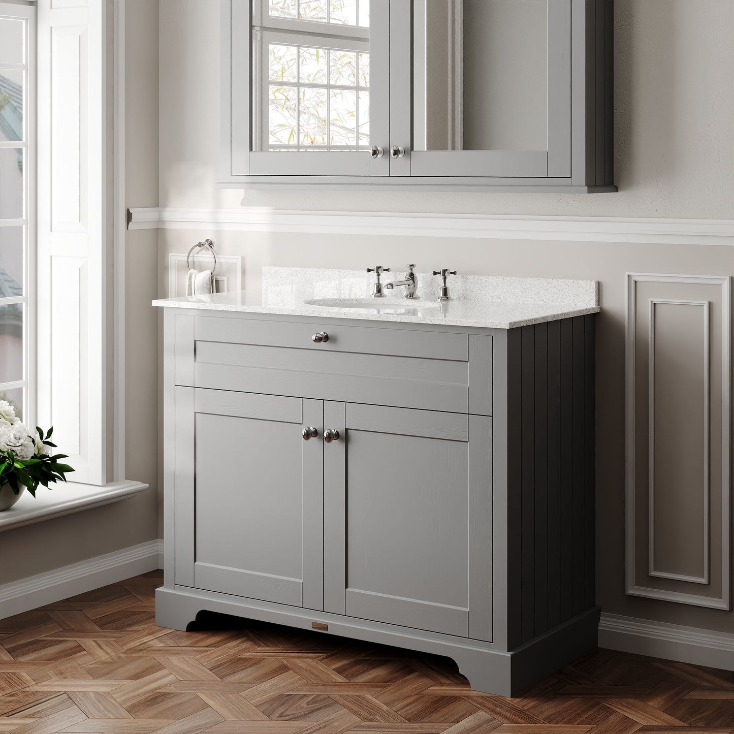 Floor Standing 2 Door Vanity Unit with 1 Tap Hole White Marble Top 1000mm