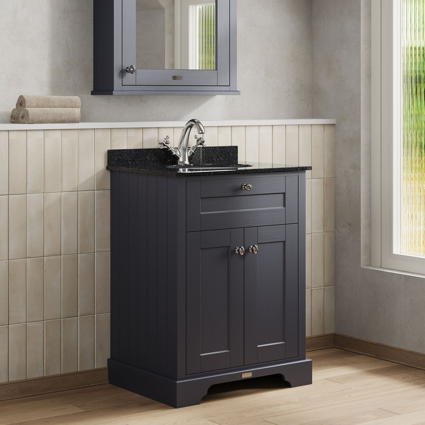 Hudson Reed Old London 600mm Floor Standing 2 Door Vanity Unit With Black Marble Top Basin