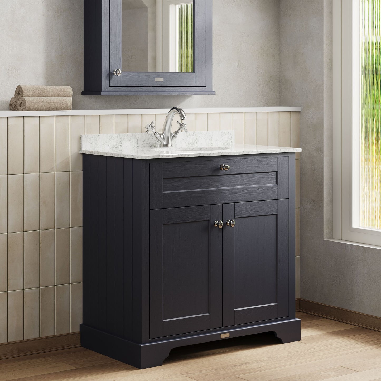 Floor Standing 2 Door Vanity Unit with 1 Tap Hole Grey Marble Top 800mm