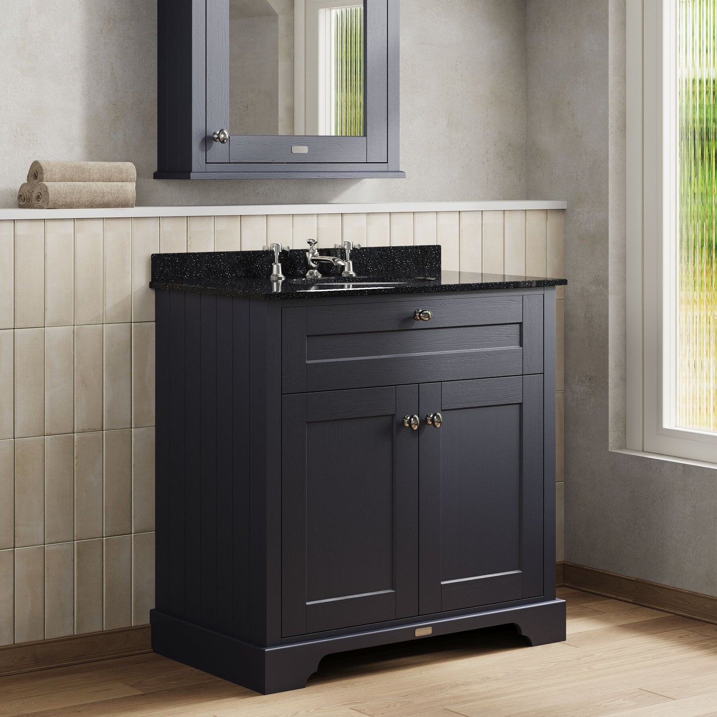 Hudson Reed Old London 820mm Twilight Blue Floor Standing 2 Door Vanity Unit With 3 Tap Hole Black Marble Top Basin