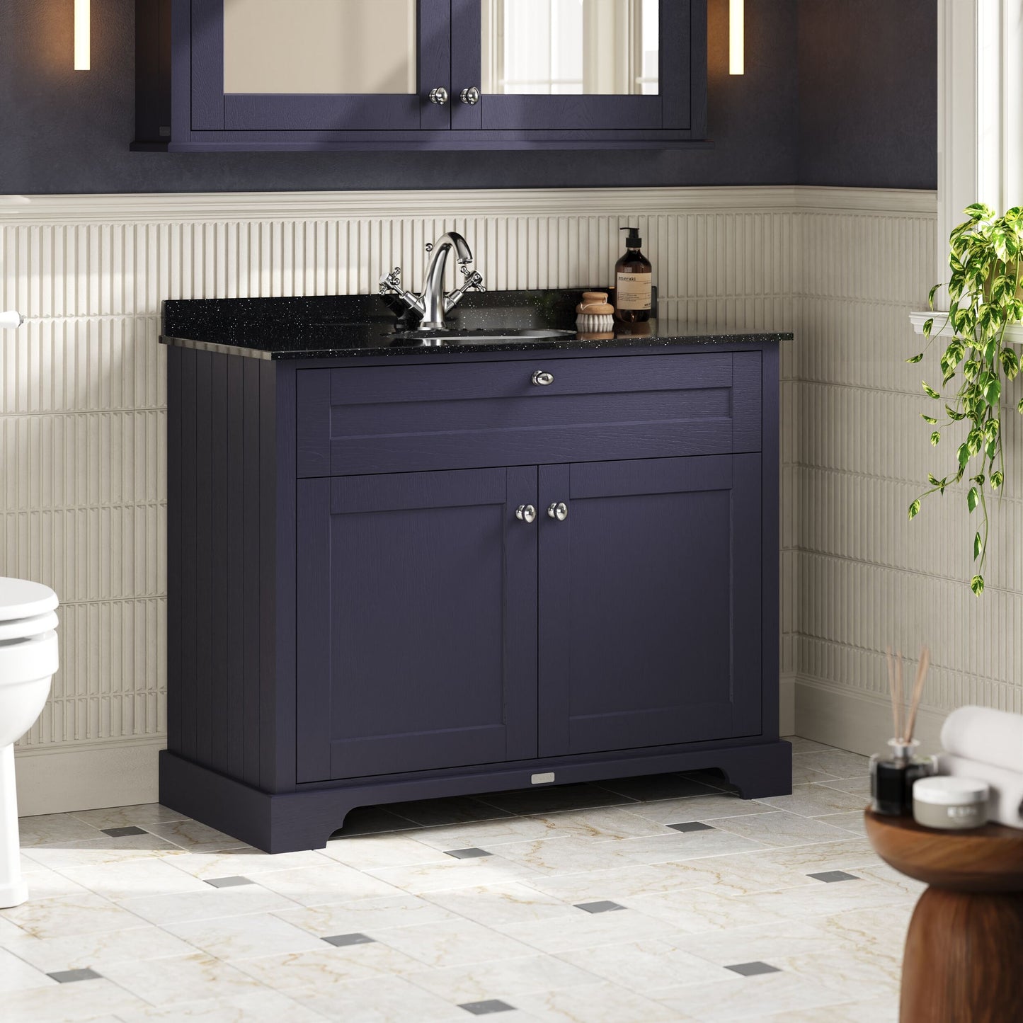 Floor Standing 2 Door Vanity Unit with 1 Tap Hole Black Marble Top 1000mm