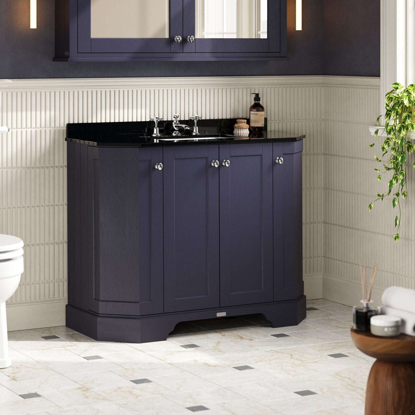 Hudson Reed Old London 1000mm Twilight Blue Floor Standing 4 Door Vanity Unit with 3 Tap Hole Black Marble Top Basin