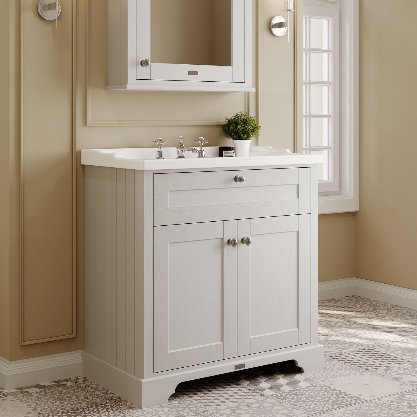 Hudson Reed Old London 800mm Floor Standing 2 Door Vanity Unit with 3 Tap Hole Ceramic Basin