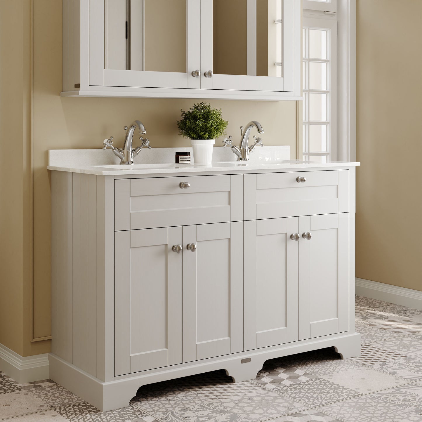 Floor Standing 4 Door Vanity Basin Unit with Square Basin & 1 Tap Hole Marble Top, 1200mm