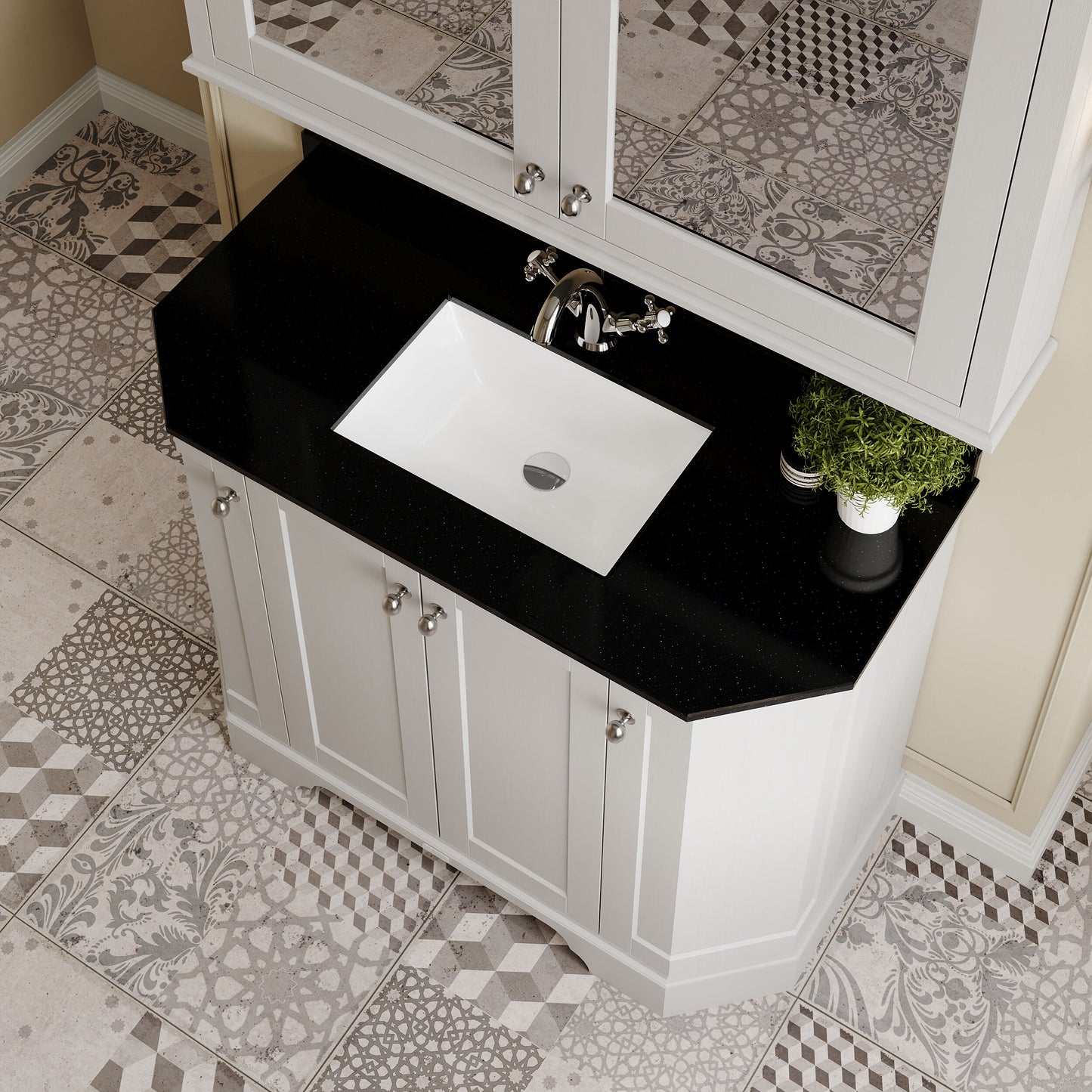 Floor Standing 4 Door Angled Vanity Unit with 1 Tap Hole Black Marble Top 1000mm