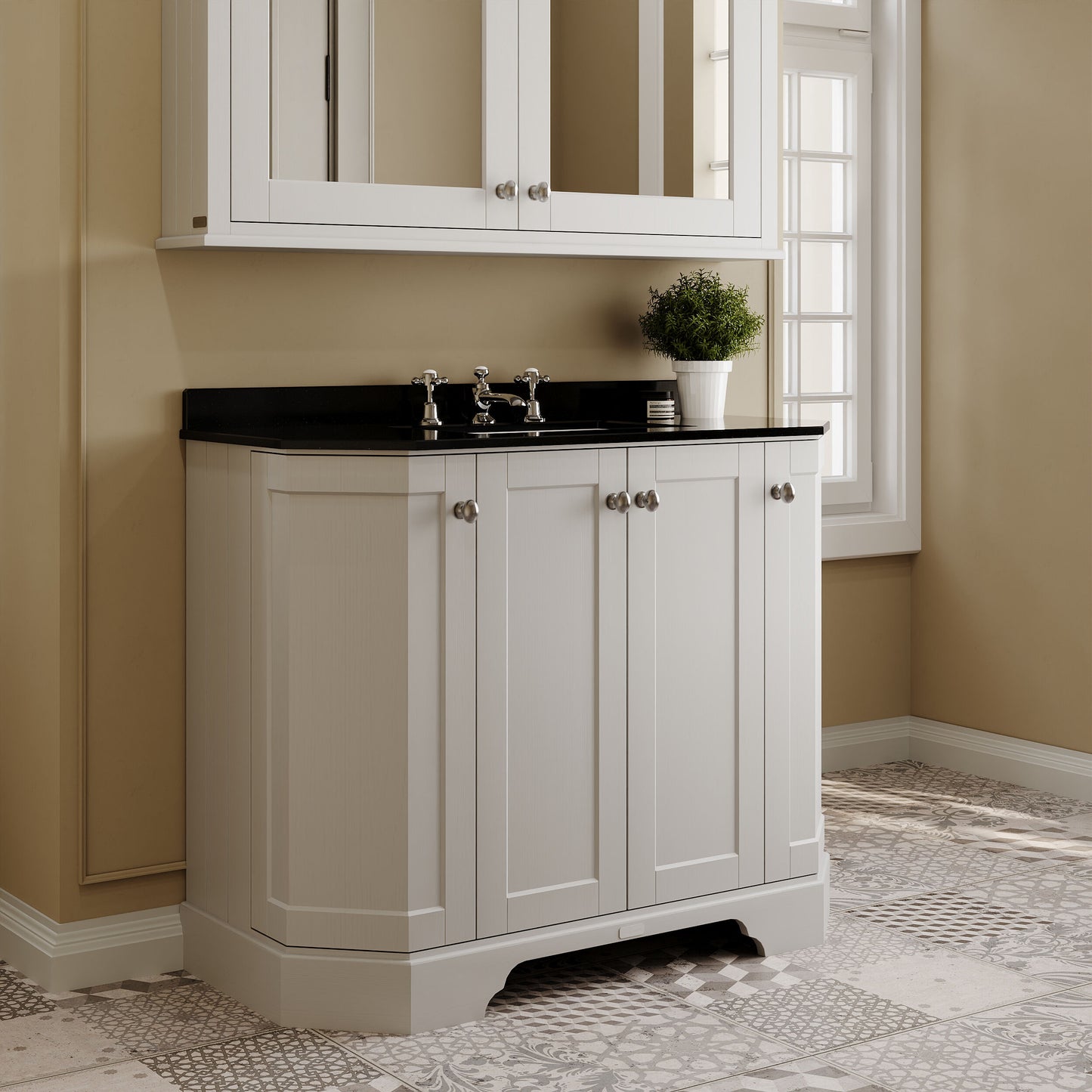 Hudson Reed Old London 1000mm Floor Standing 4 Door Vanity Unit with 3 Tap Hole Black Marble Top Basin