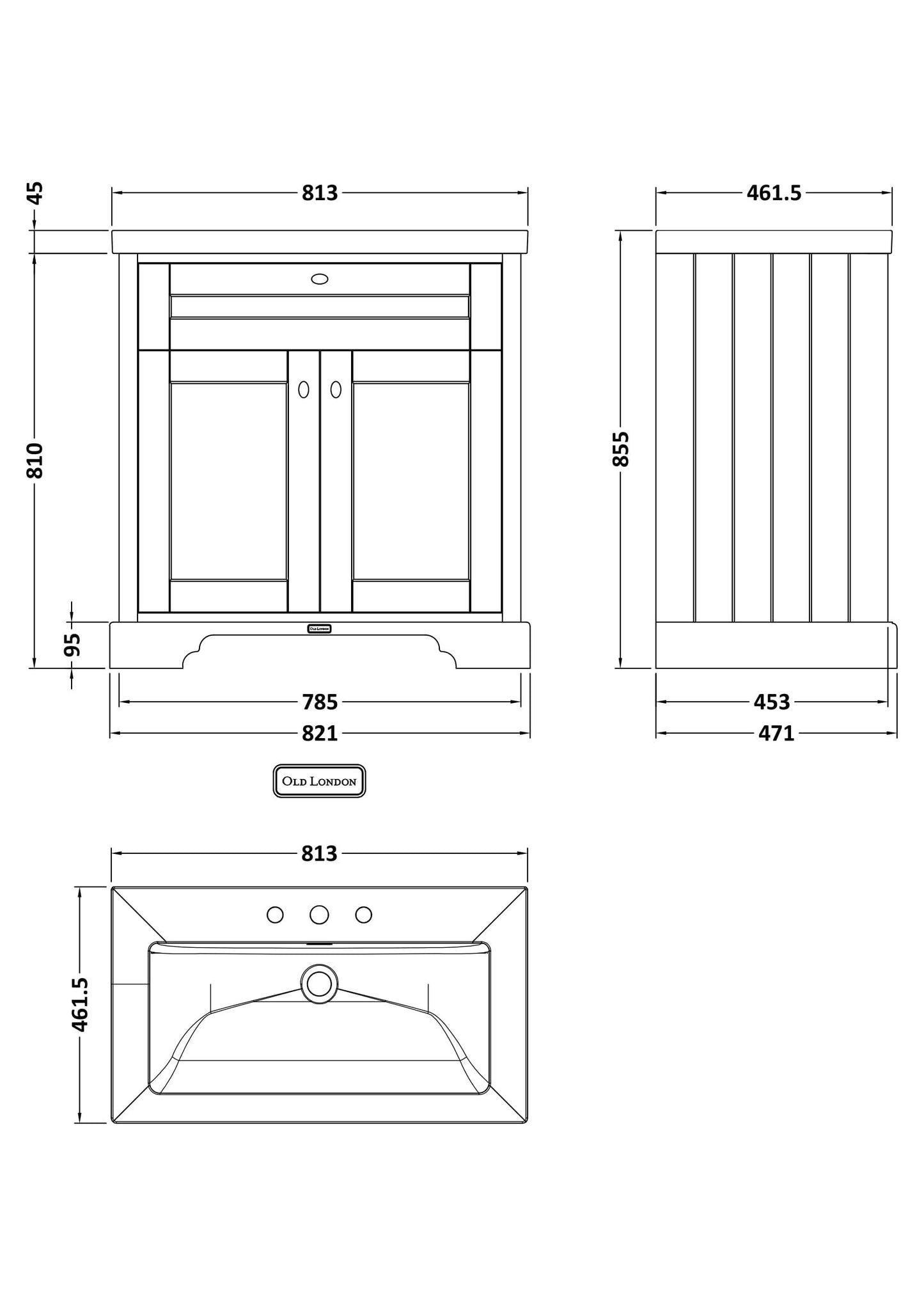 Old London 800mm 2-Door Unit & Contemporary Fireclay Basin 3TH