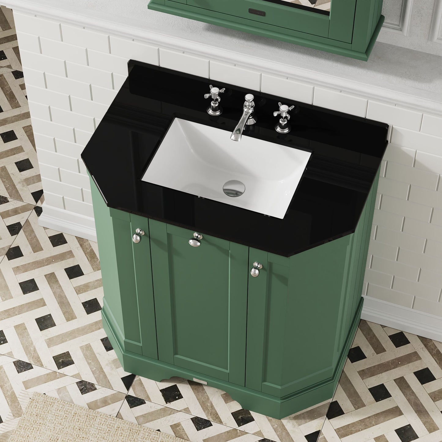 Hudson Reed Old London 786mm Hunter Green Floor Standing 3 Door Vanity Unit With 3 Tap Hole Black Marble Top