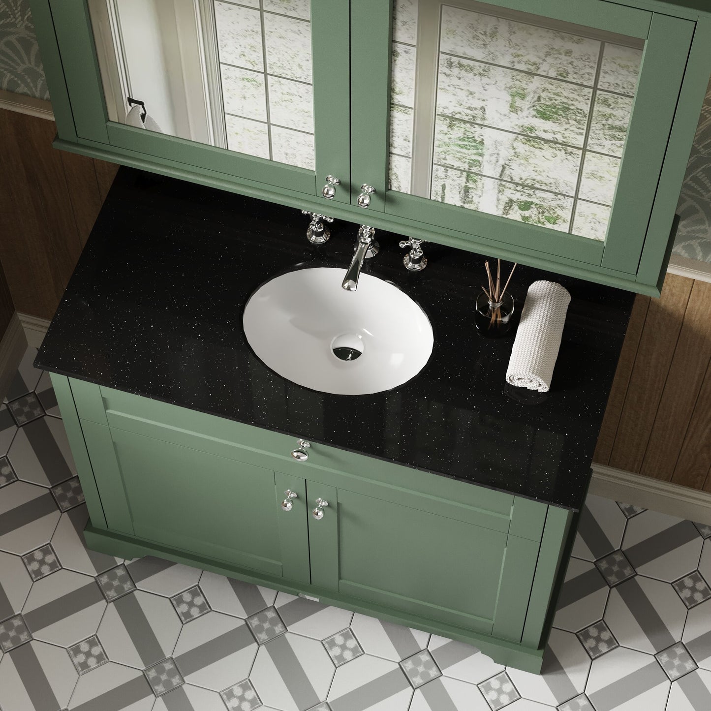 Floor Standing 2 Door Vanity Unit with 3 Tap Hole Black Marble Top 1000mm