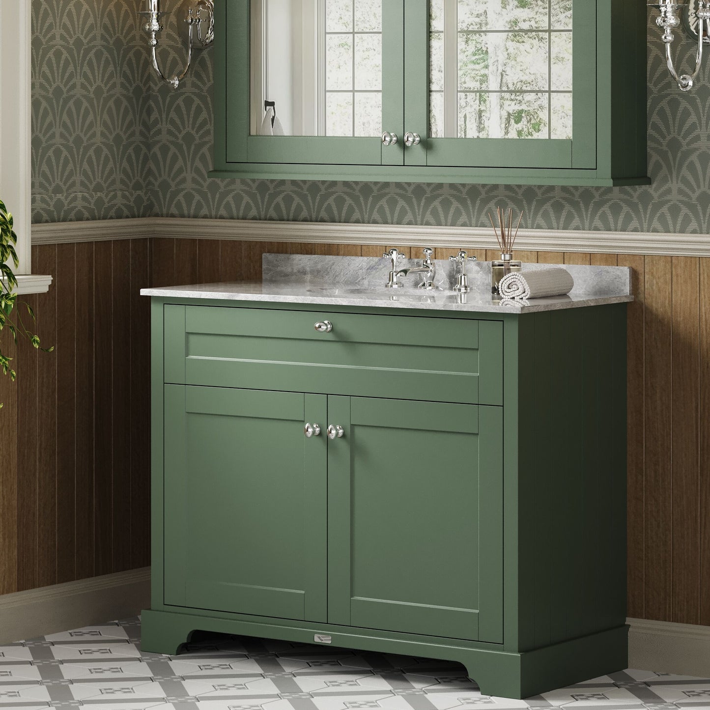 Floor Standing 2 Door Vanity Unit with 3 Tap Hole Grey Marble Top 1000mm