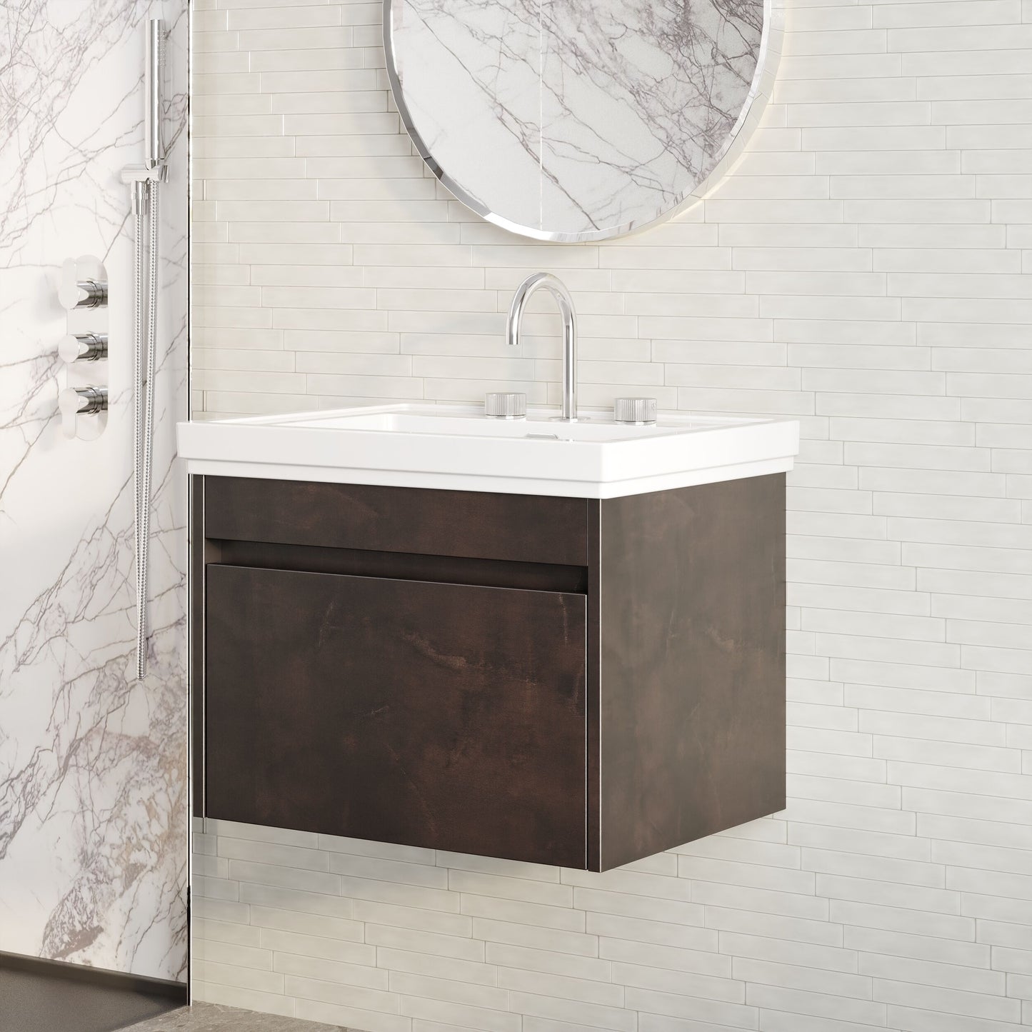 BC Designs Loftwood 600mm 1 Drawer Metallic Slate Wall Hung Vanity Unit With 3 Tap Holes Fireclay Basin