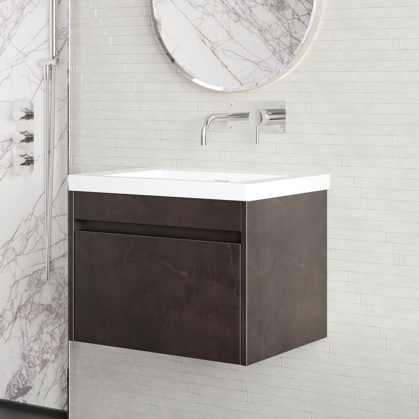 BC Designs Loftwood 600mm 1 Drawer Metallic Slate Wall Hung Vanity Unit With Fireclay Basin