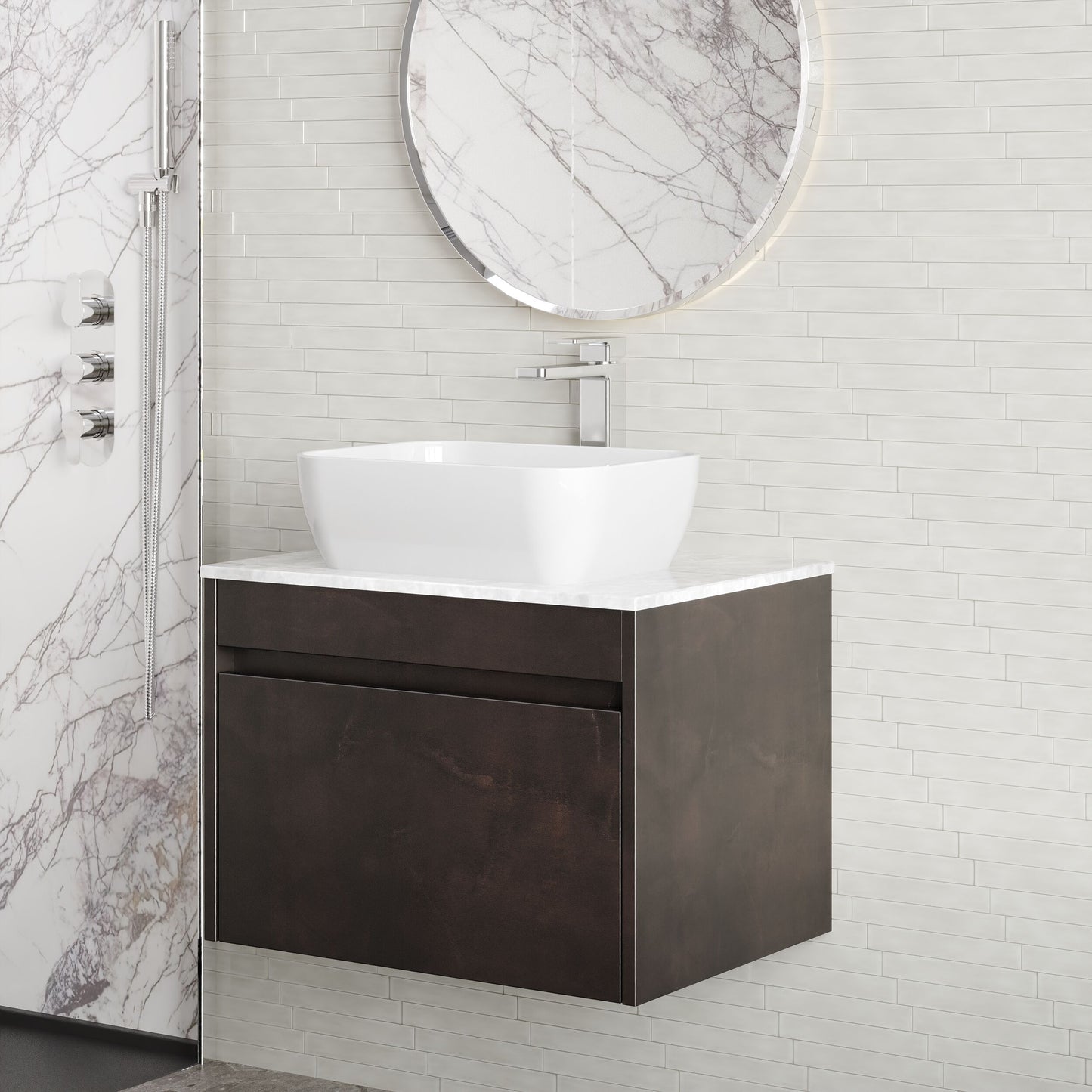 BC Designs Loftwood 600mm Wall Hung 1 Drawer Unit with Marble Worktop