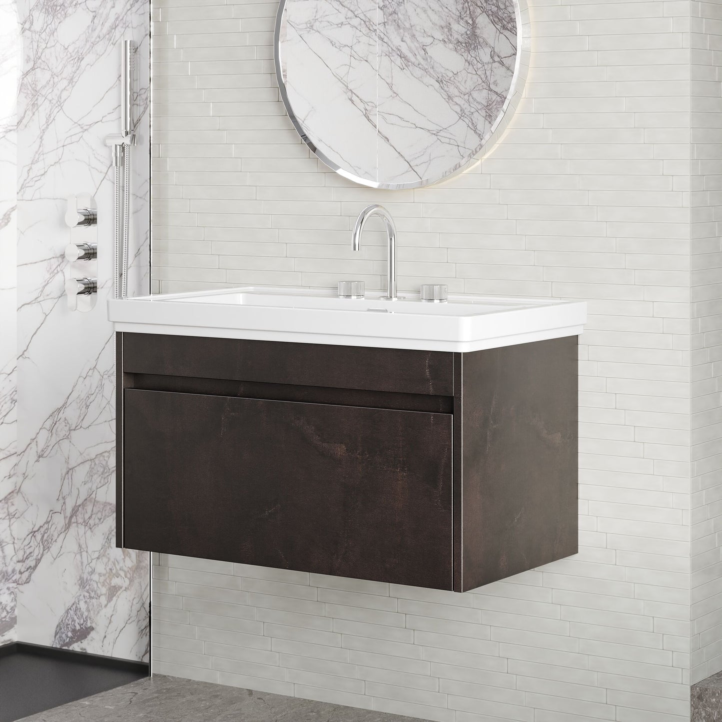 BC Designs Loftwood 800mm 1 Drawer Metallic Slate Wall Hung Vanity Unit With 3 Tap Holes Fireclay Basin