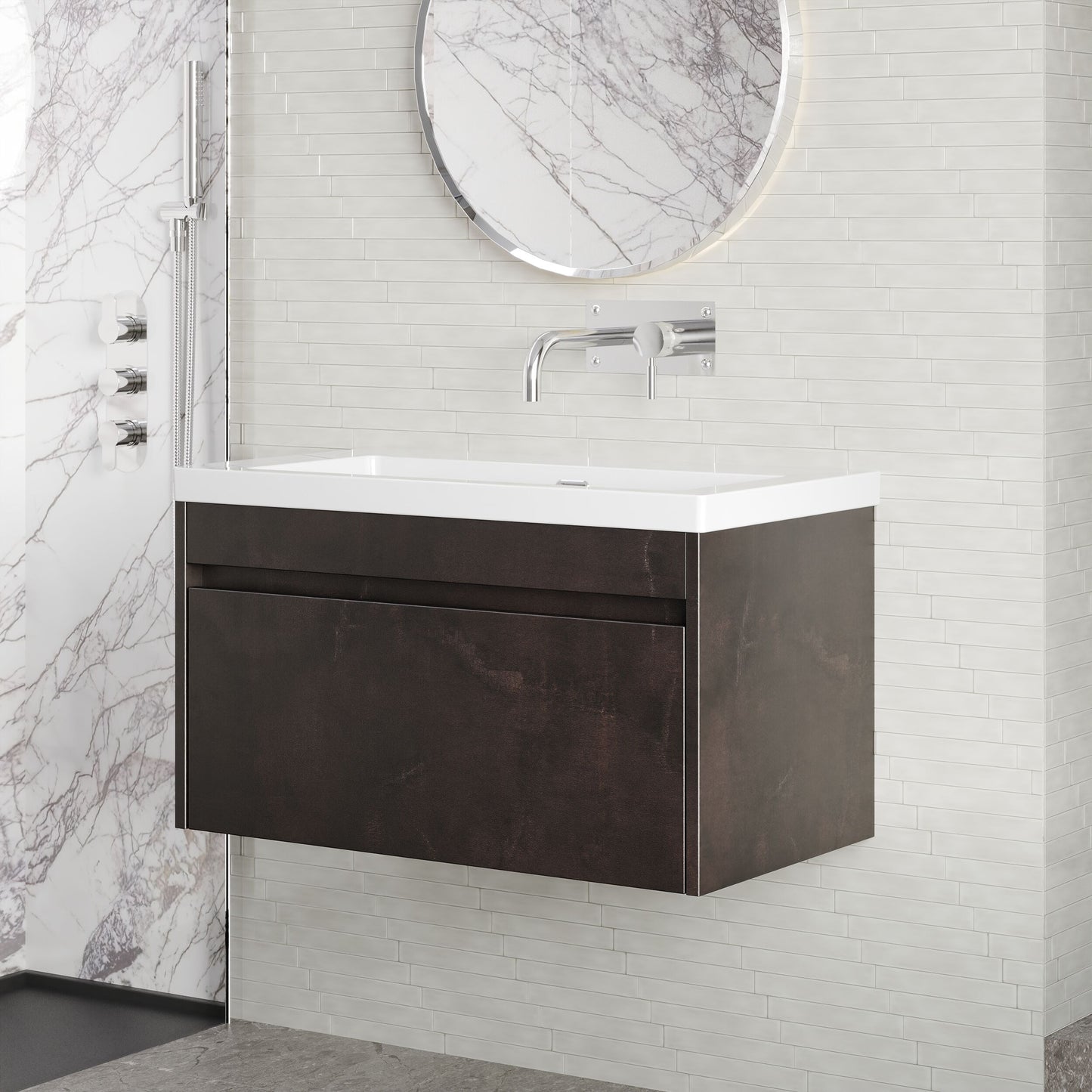 BC Designs Loftwood 800mm 1 Drawer Metallic Slate Wall Hung Vanity Unit With Fireclay Basin