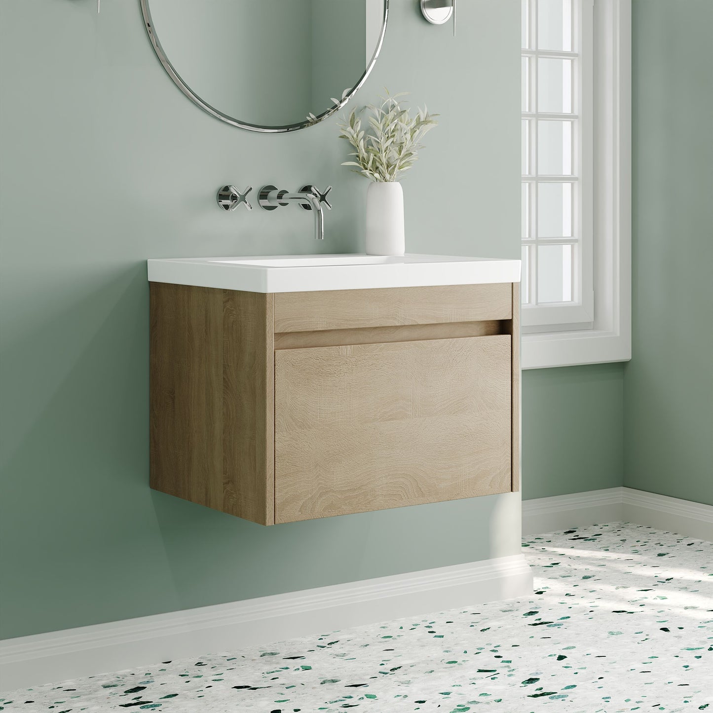 Nuie Lux Loftwood 600mm 1 Drawer Bleached Oak Wall Hung Vanity Unit With Fireclay Basin