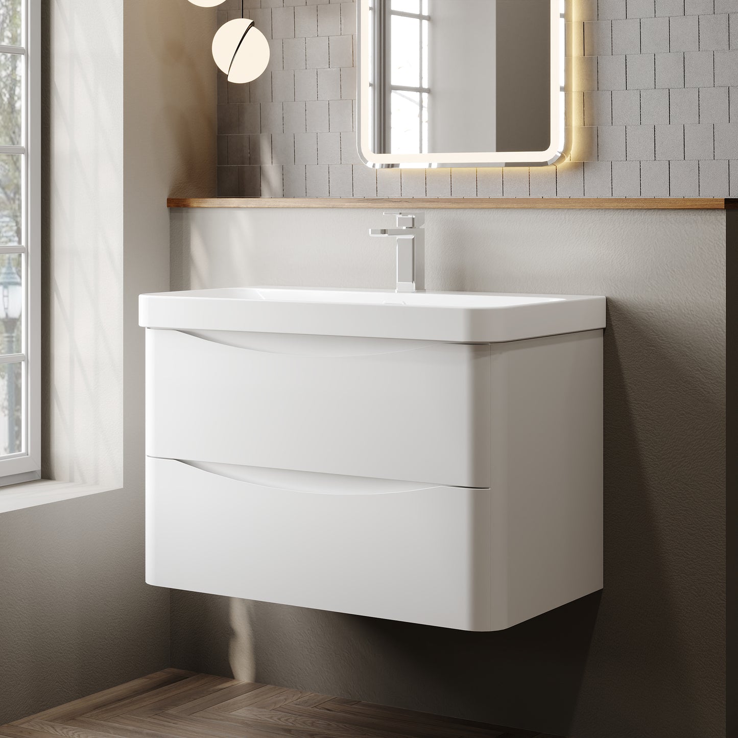 Nuie Lunar 800mm Satin White Wall Hung Vanity Unit With Ceramic Basin