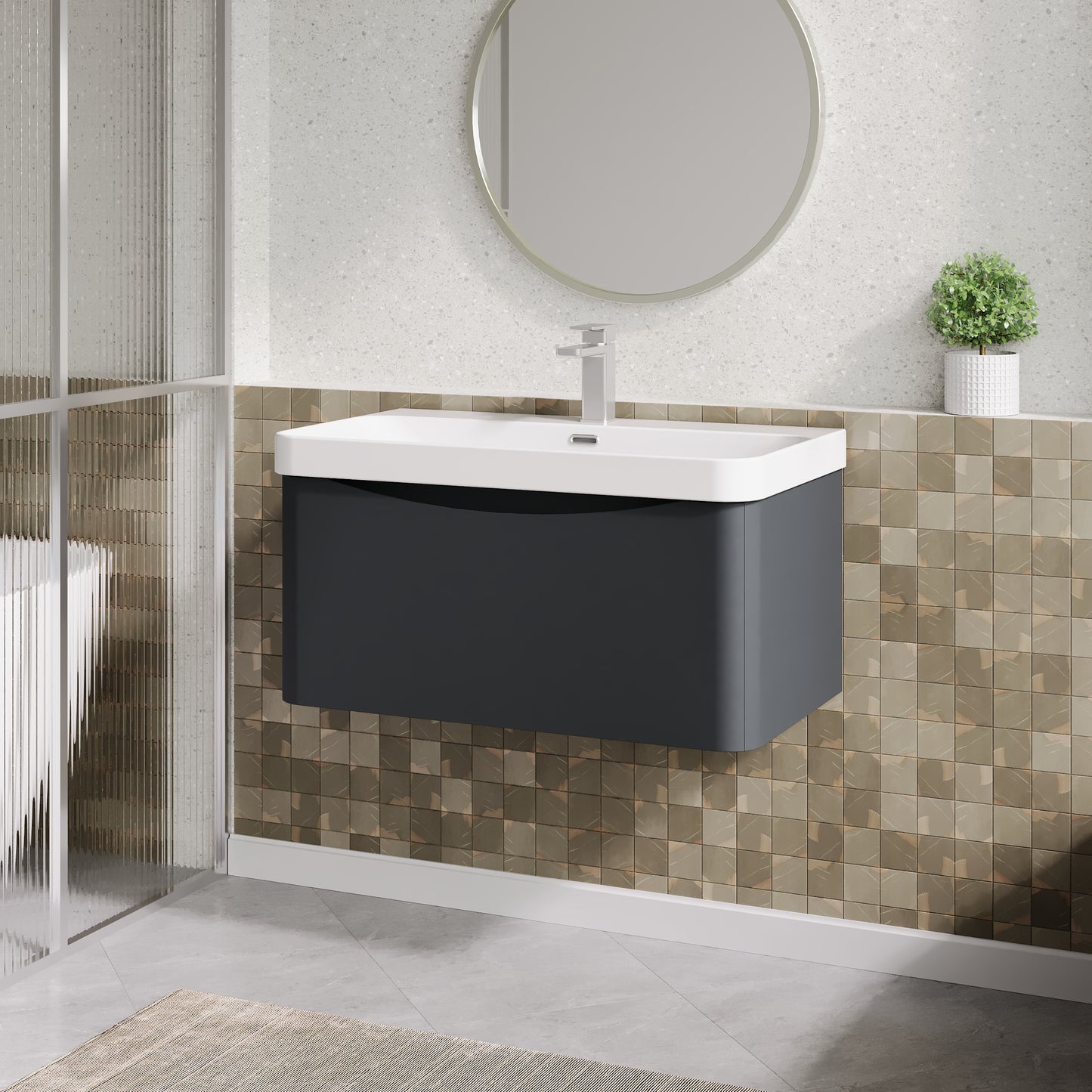 Nuie Lunar 800mm Soft Black Wall Hung 1 Drawer Basin Unit With 1 Tap Hole Ceramic Basin