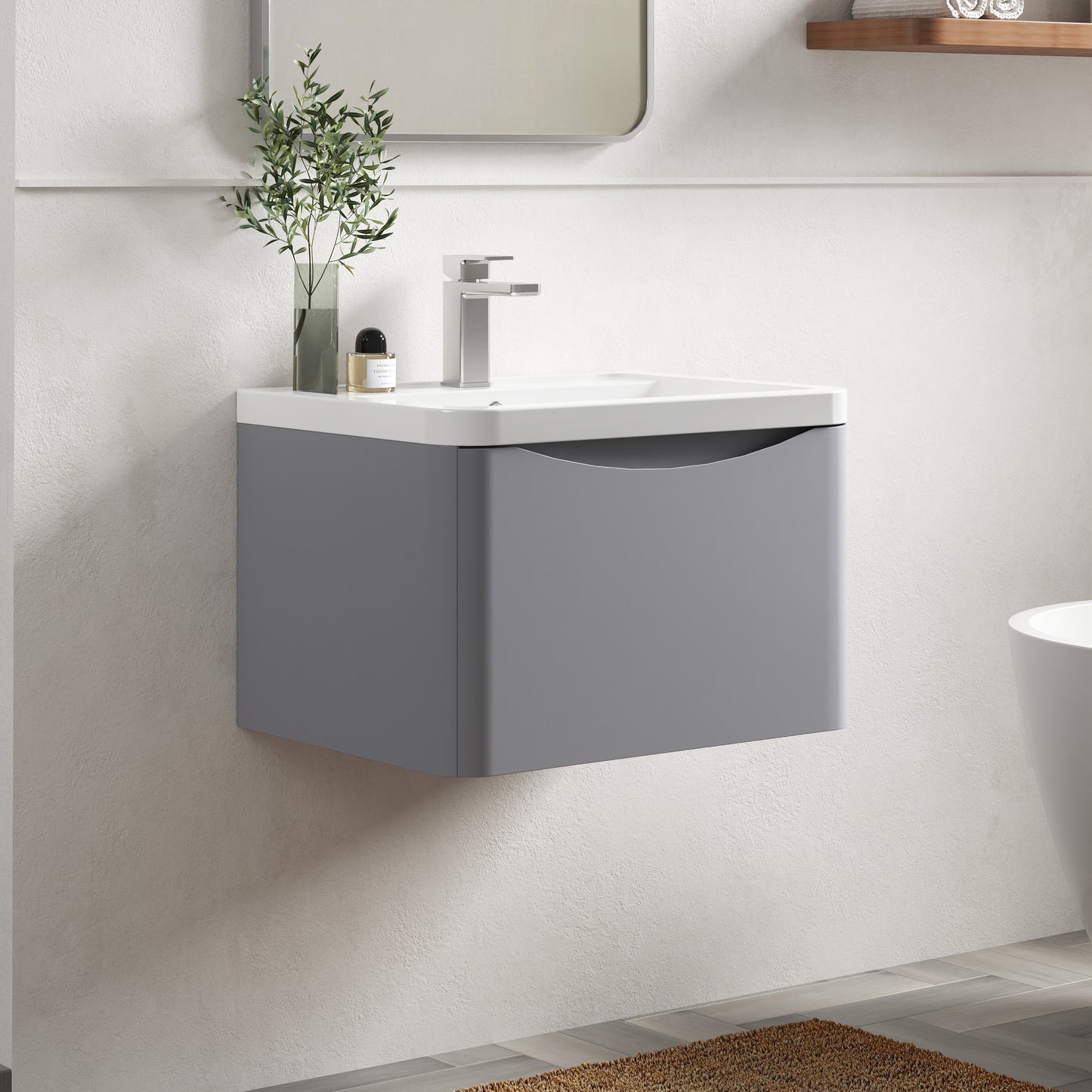 Nuie Lunar 600mm Satin Grey Wall Hung 1 Drawer Unit With Ceramic Basin