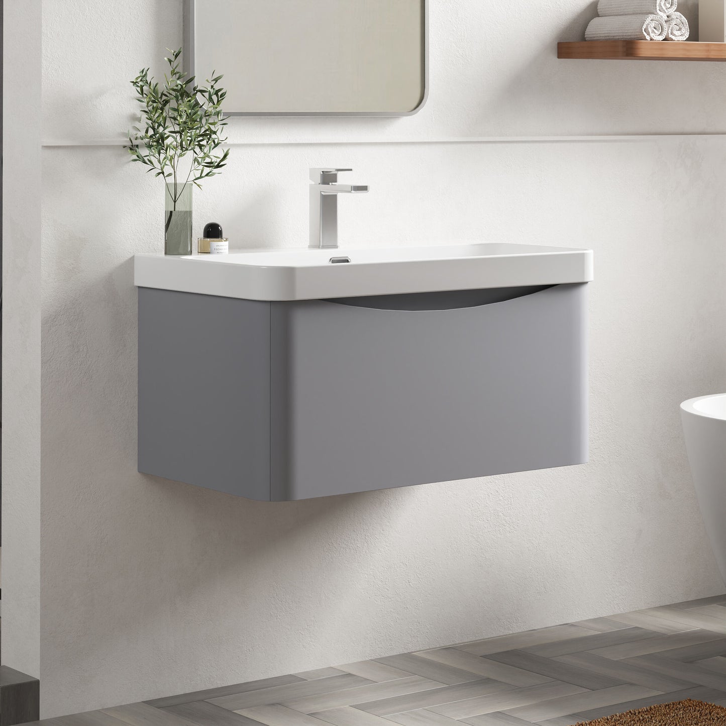 Nuie Lunar 800mm Satin Grey 1 Drawer Wall Hung Vanity Unit With Ceramic Basin