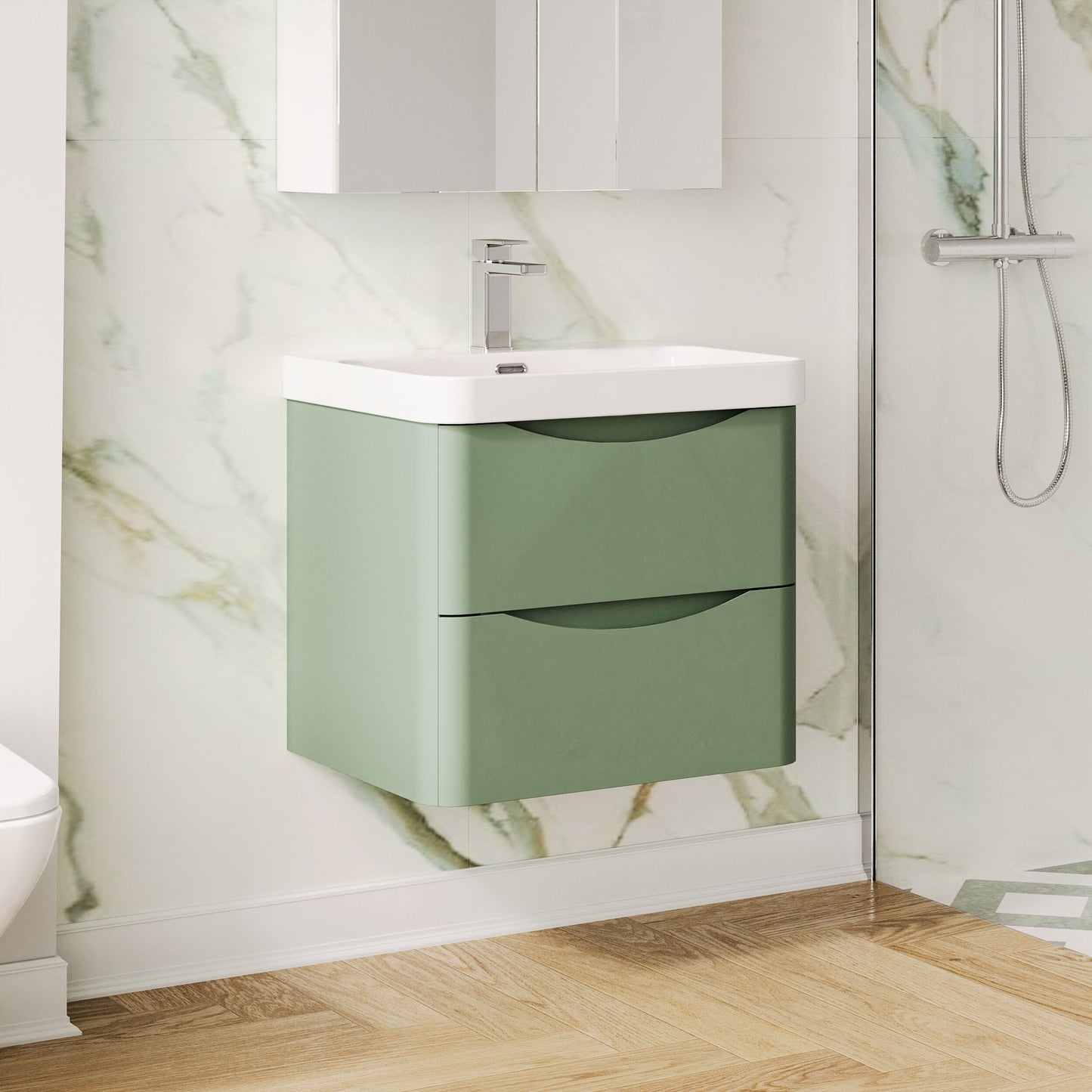 Nuie Lunar 600mm Satin Green Wall Hung 2 Drawer Unit & Basin