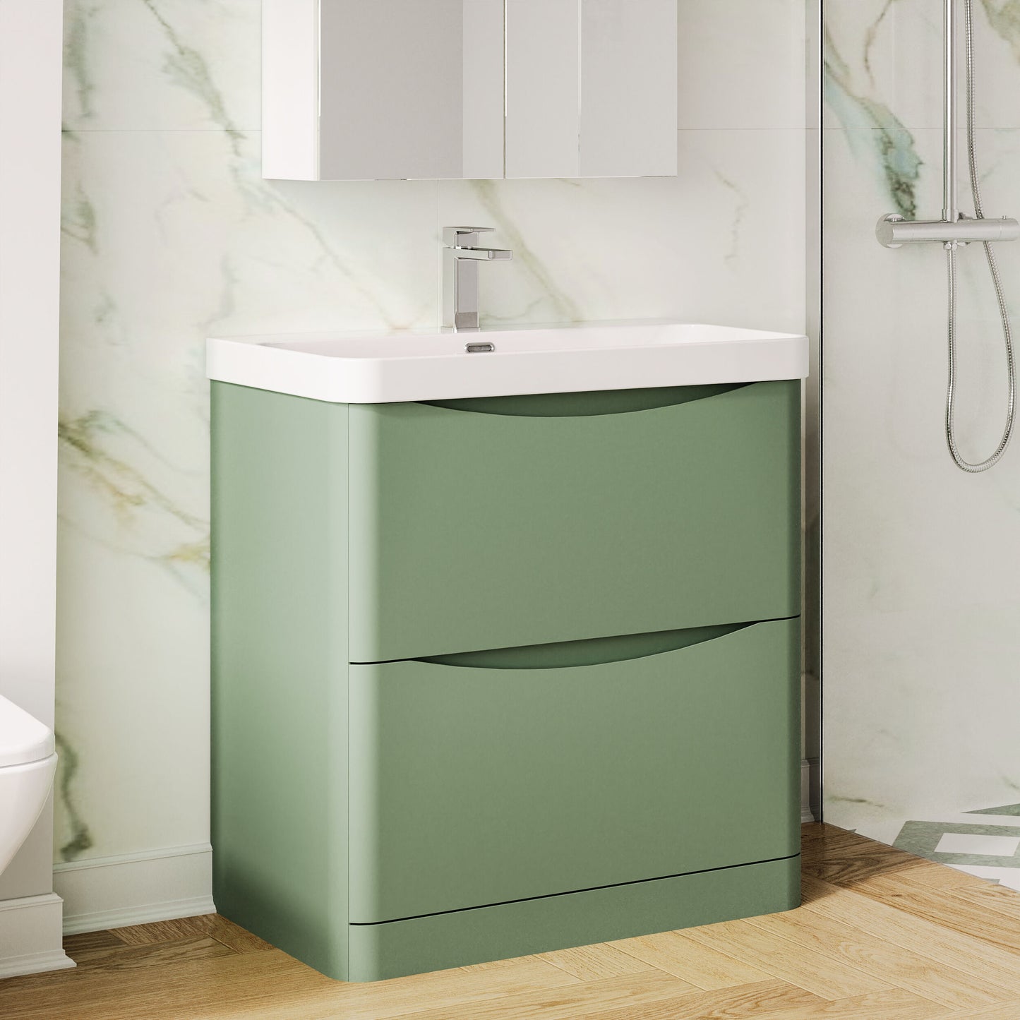 Nuie Lunar 800mm Satin Green Floor Standing 2 Drawer Vanity Unit With Ceramic Basin