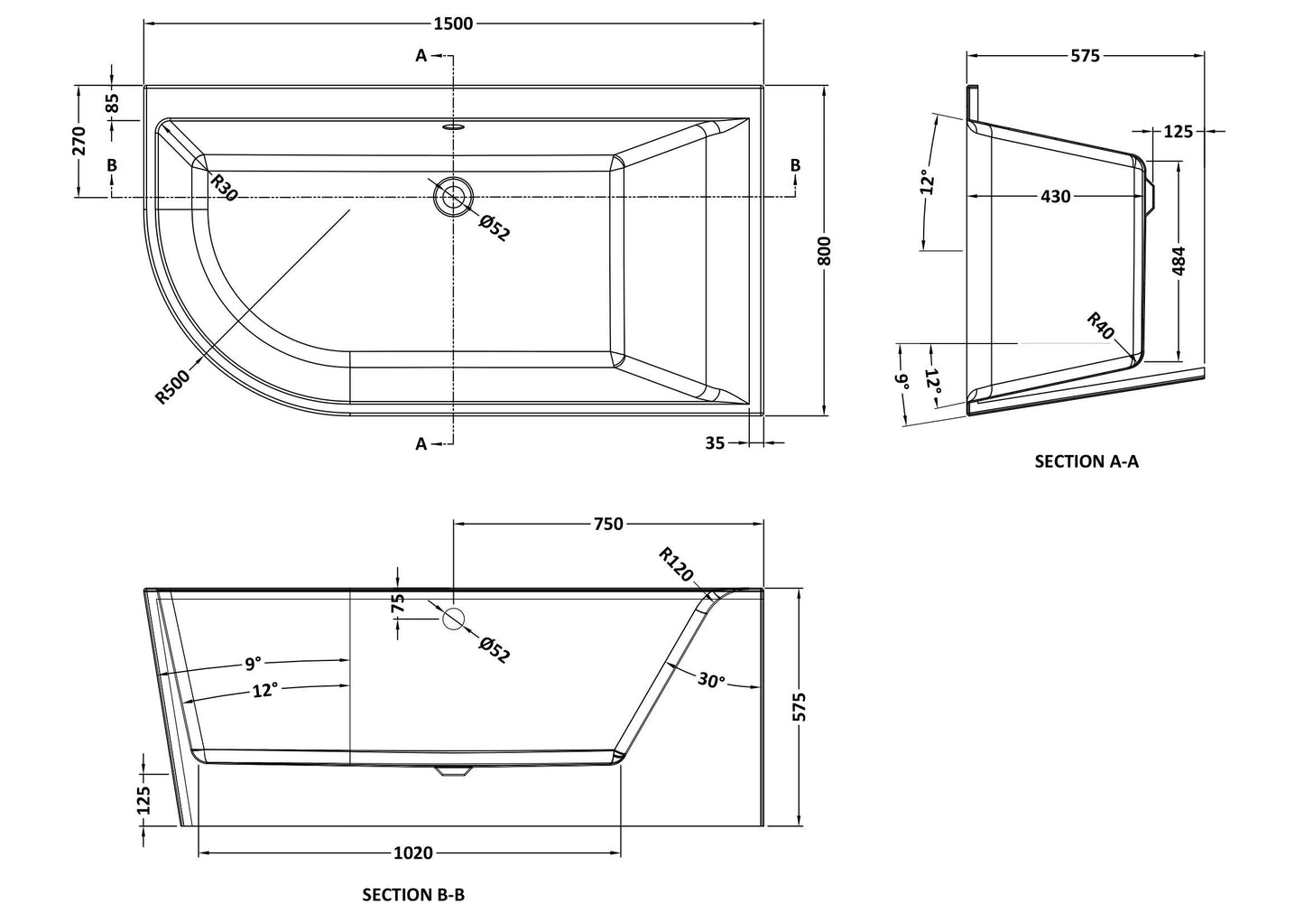 Nuie Choice 1500mm Right-Hand Corner Bath With Legs