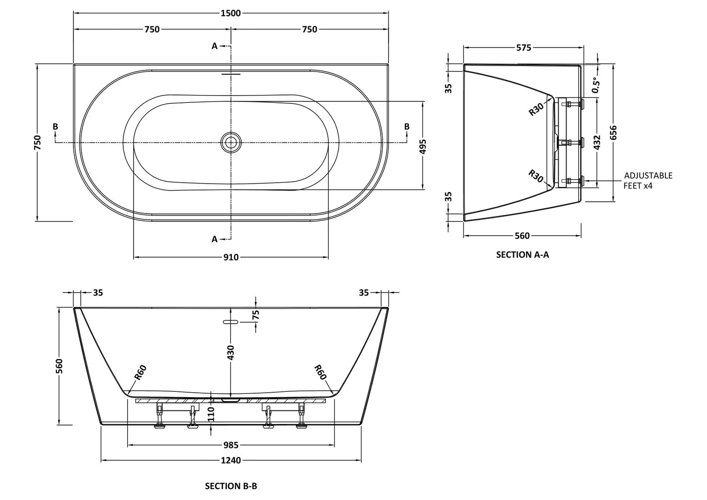 Nuie Choice Myriad 1500mm Back To Wall Bath With Legs And Waste
