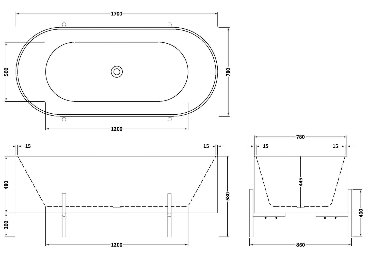 Nuie Choice Elevated 1700mm Freestanding Bath With Legs And Waste